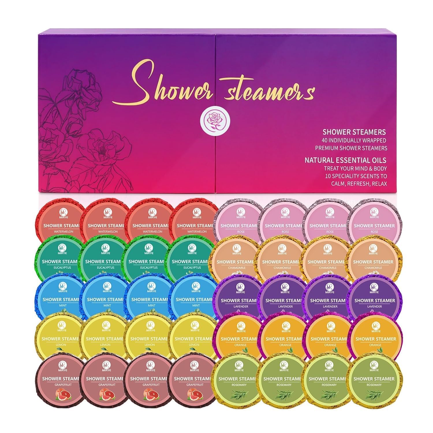 40 PCS Shower Steamers Aromatherapy for Women or Men, 10 Scent Shower Bomb Organic with Natural Essential Oil Relaxation, Self Care Valentine's Day Gifts Birthday Gifts for Her Him Adults