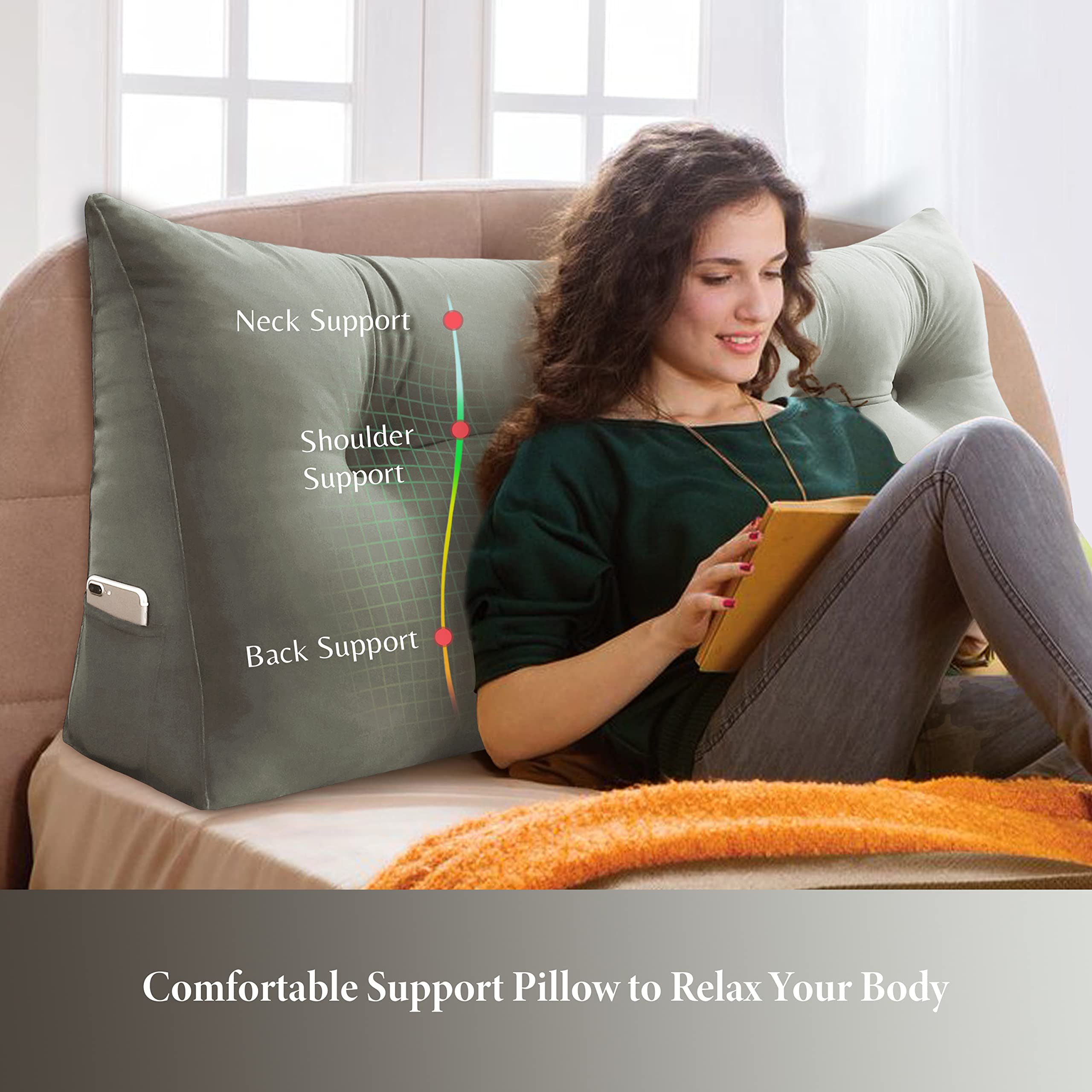 VERCART Large Headboard Pillow Wedge Bed Rest Reading Pillow Daybed Pillows Triangular Headboard Wedge Pillows Bolster Gap Filler Triangle Back Cushion Long Wedge Pillow, Velvet Taupe Twin