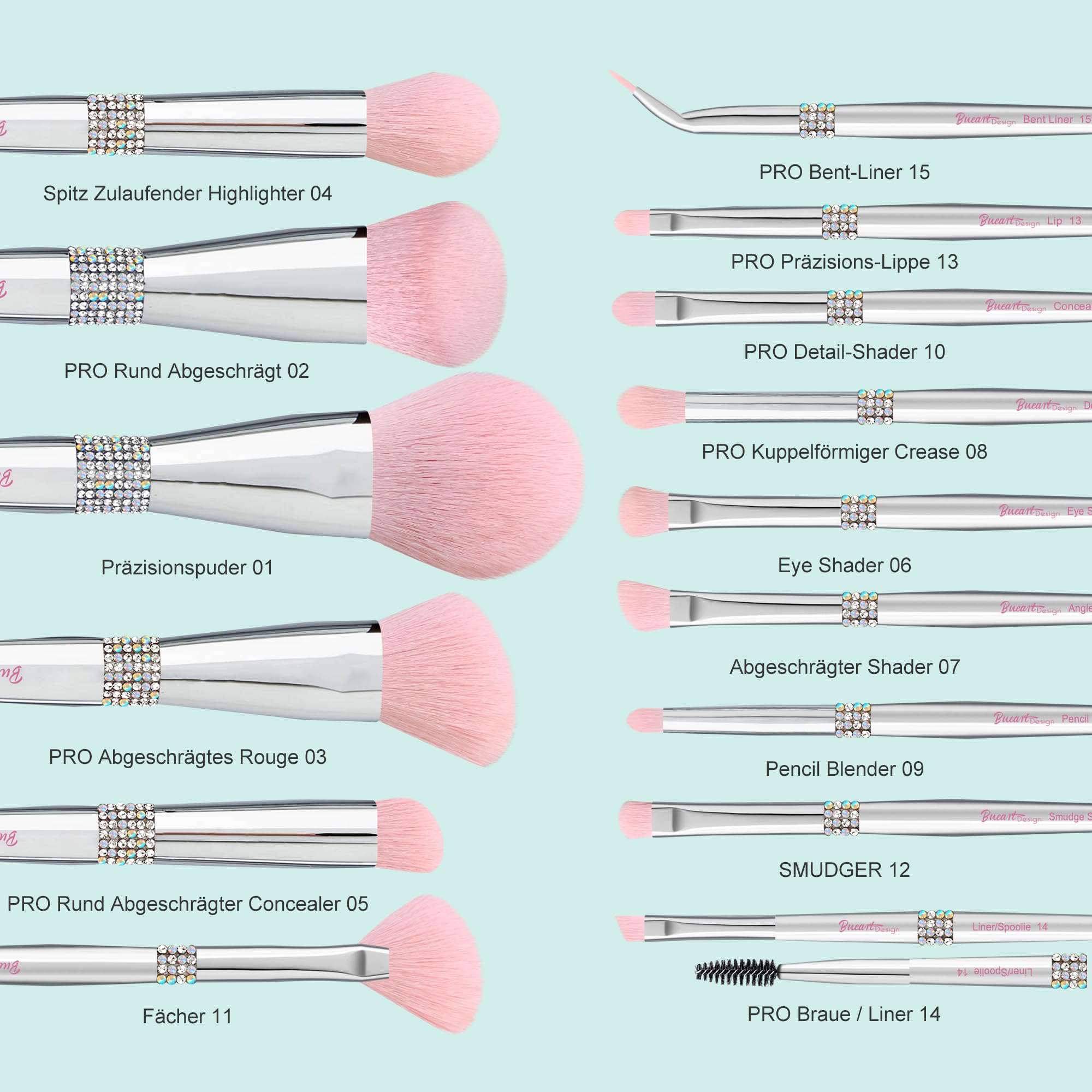 Bueart Design Elegante juego de brochas de maquillaje ultra suaves con soporte para brochas de maquillaje con base de polvo, rubor y contorno (15 unidades, rosa plateado + soporte)