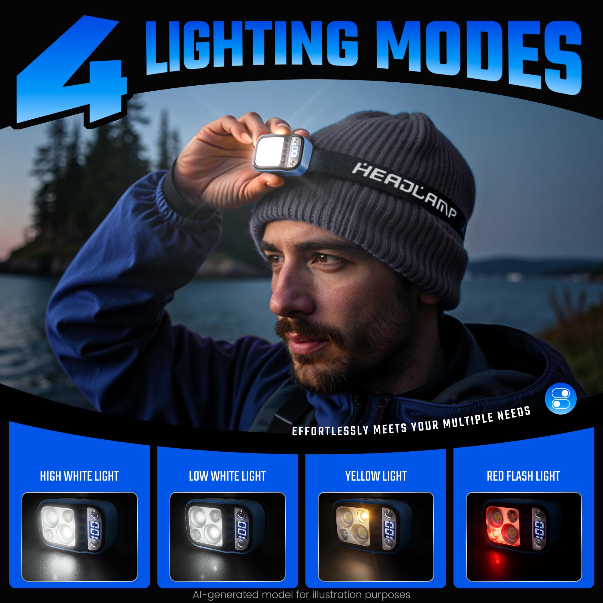 DARKDAWN Stirnlampe LED Wiederaufladbar, 5 Modi USB-C- Stirnband-Taschenlampe mit Bewegungssensor, digitale Power-Anzeige, nach oben und unten verstellbar, für Laufen, Camping, Autoreparatur, 2 Stück | Wiederaufladbare LED-USB-C-Stromanzeige, mit Auf/Ab-E