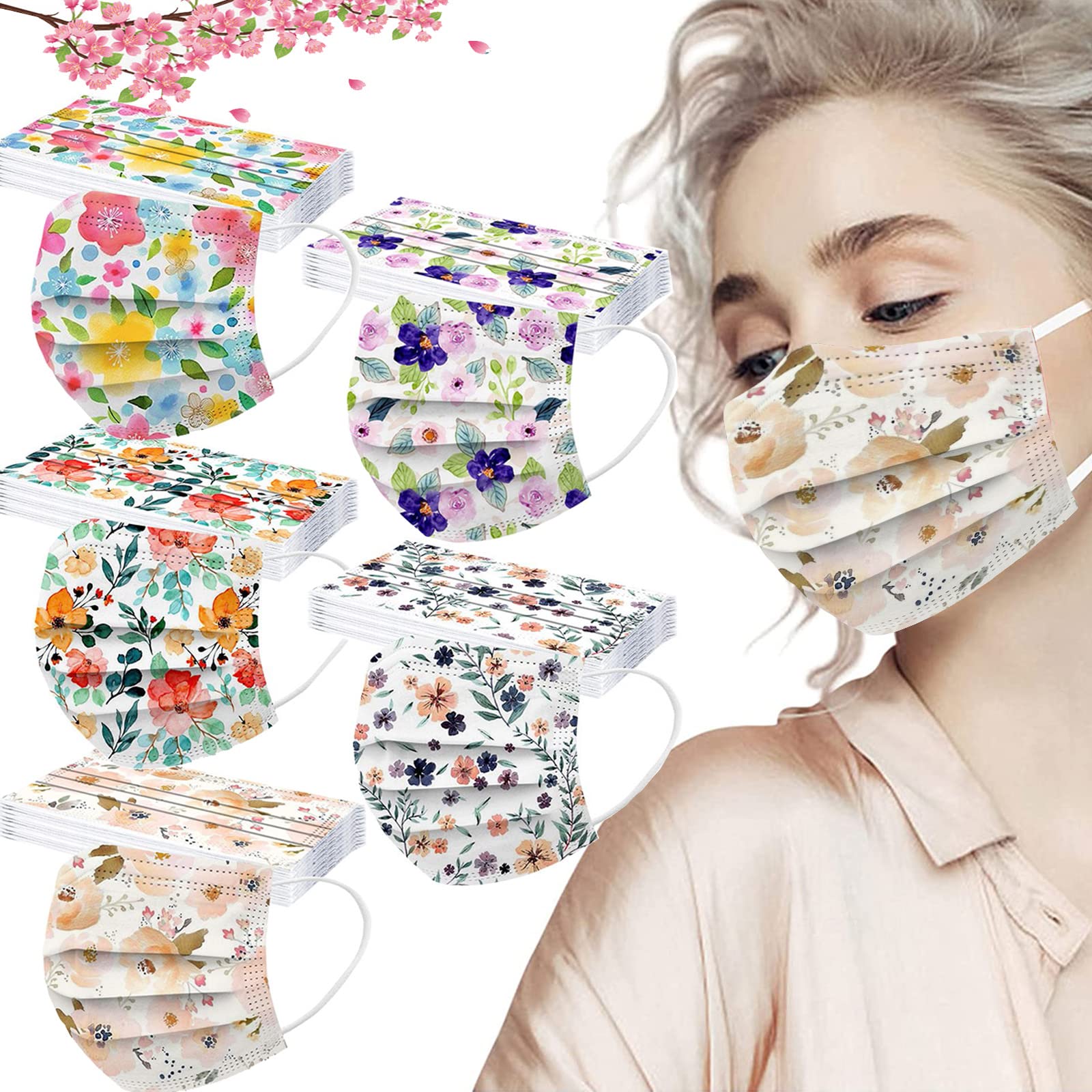 SHENQI 50 PCs Floral Disposable Face_Mask Adults 3Ply Spring Summer Colorful Paper Masks Beautiful Printed Facemask Women Men Flower