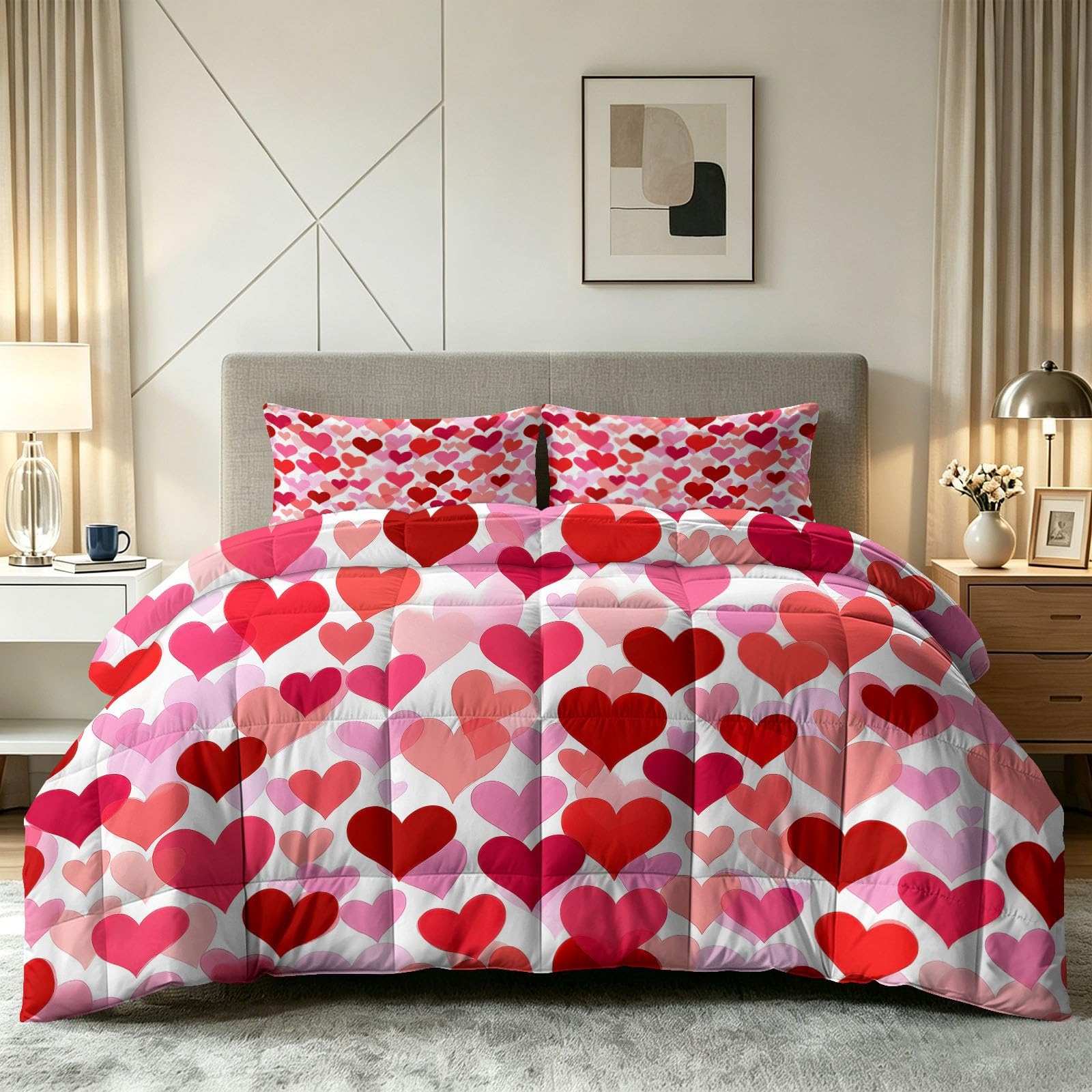 Bettdecke ohne Bezug 135x200 cm White Minimalist Flat Vector Style Antiallergisch Leichtsteppbett & Ganzjahresdecke - Waschbar mit 2 Kissenbezügen Heart Pink Tone Weiche und Atmungsaktive Wende