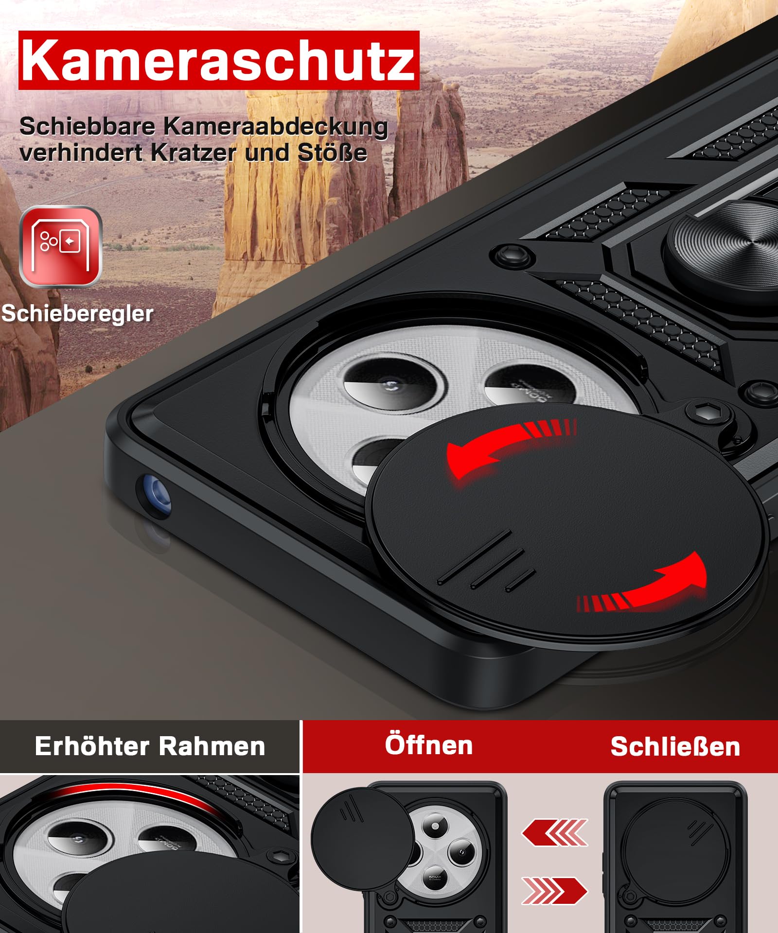 LeYi Etui na telefon komórkowy Xiaomi Redmi 14 C 4G [2 folie ochronne ze szkła hartowanego] ochrona aparatu, hybrydowe etui ochronne, metalowy pierścień, stojak, etui na aparat z przesuwną pokrywą