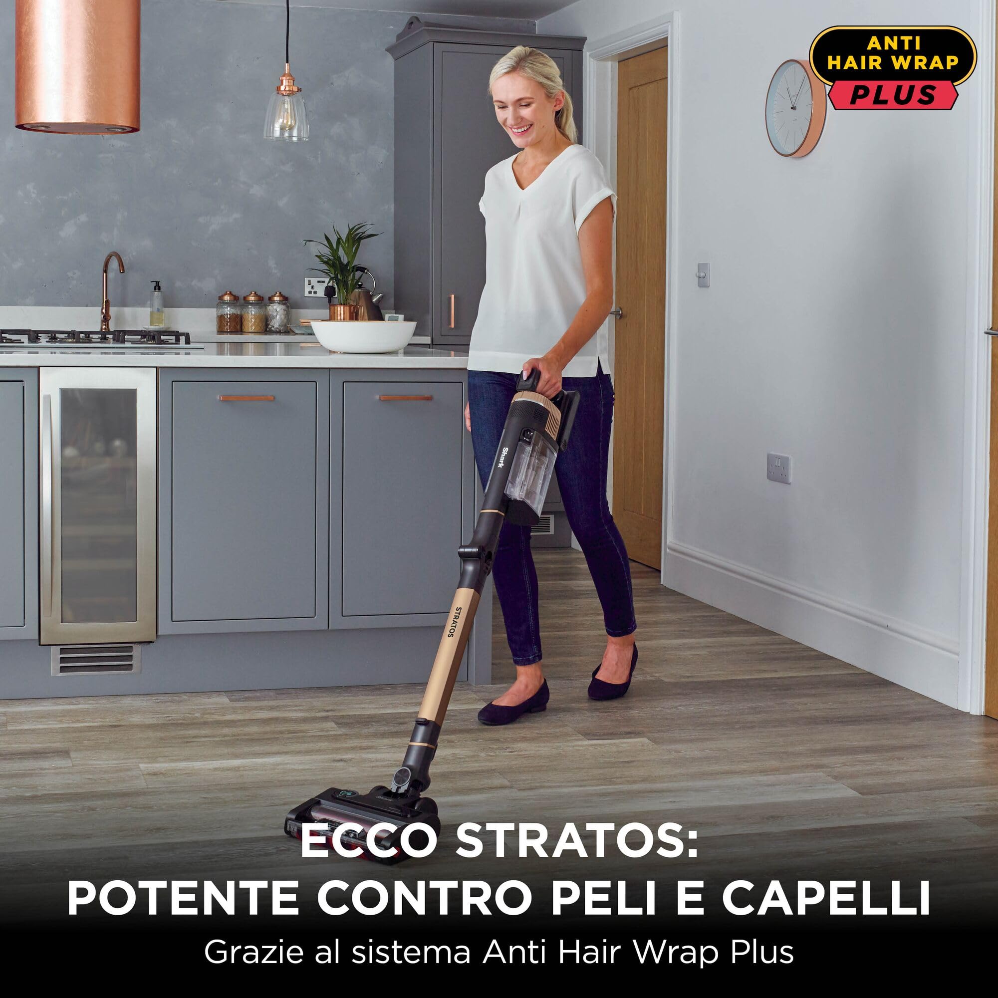 Shark Stratos - Aspirapolvere Senza Fili - Funzioni Anti-Hair Wrap, CleanSense IQ, PowerFins Plus - 60 Minuti di Autonomia - Modello IZ400EUTBK, Colore Rame