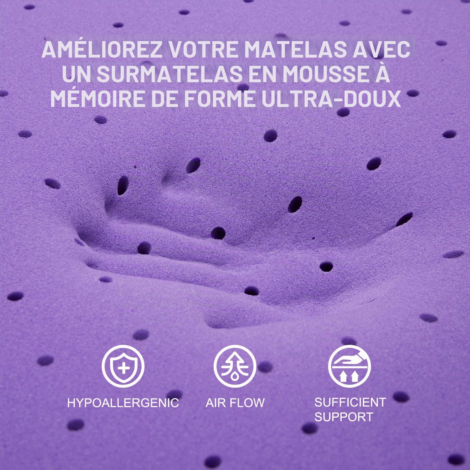 SINWEEK Surmatelas en Mousse à mémoire de Forme en Gel de 5,1 cm ventilé Doux, certifié CertiPUR-US, Taille Double, Violet
