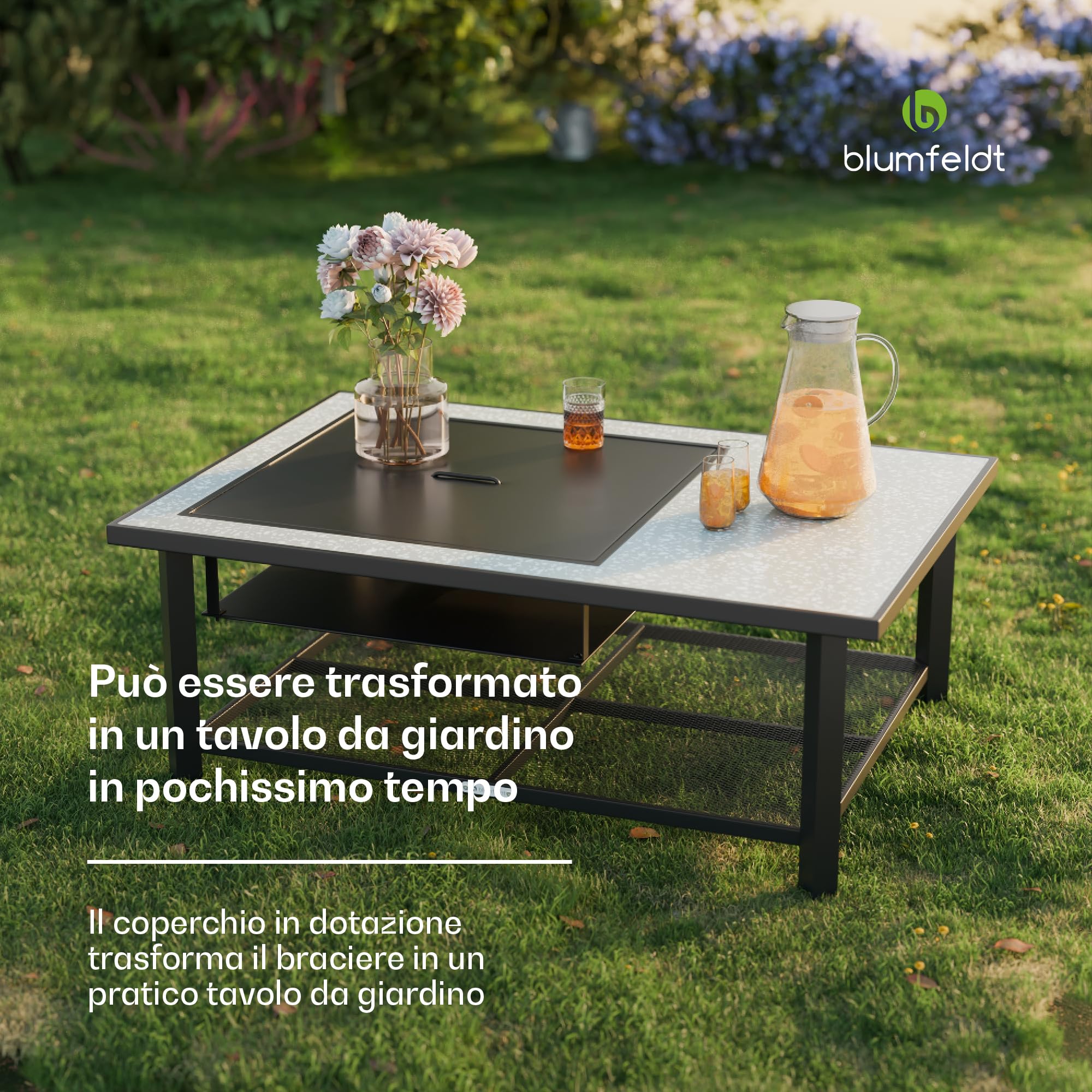 blumfeldt Merano Avanzato L Braciere da Giardino - 3-in-1 Braciere Barbecue & Tavolo, Telaio in Acciaio, Piano in Terrazzo, Include Griglia, Attizzatoio, Parascintille & Coperchio, Nero