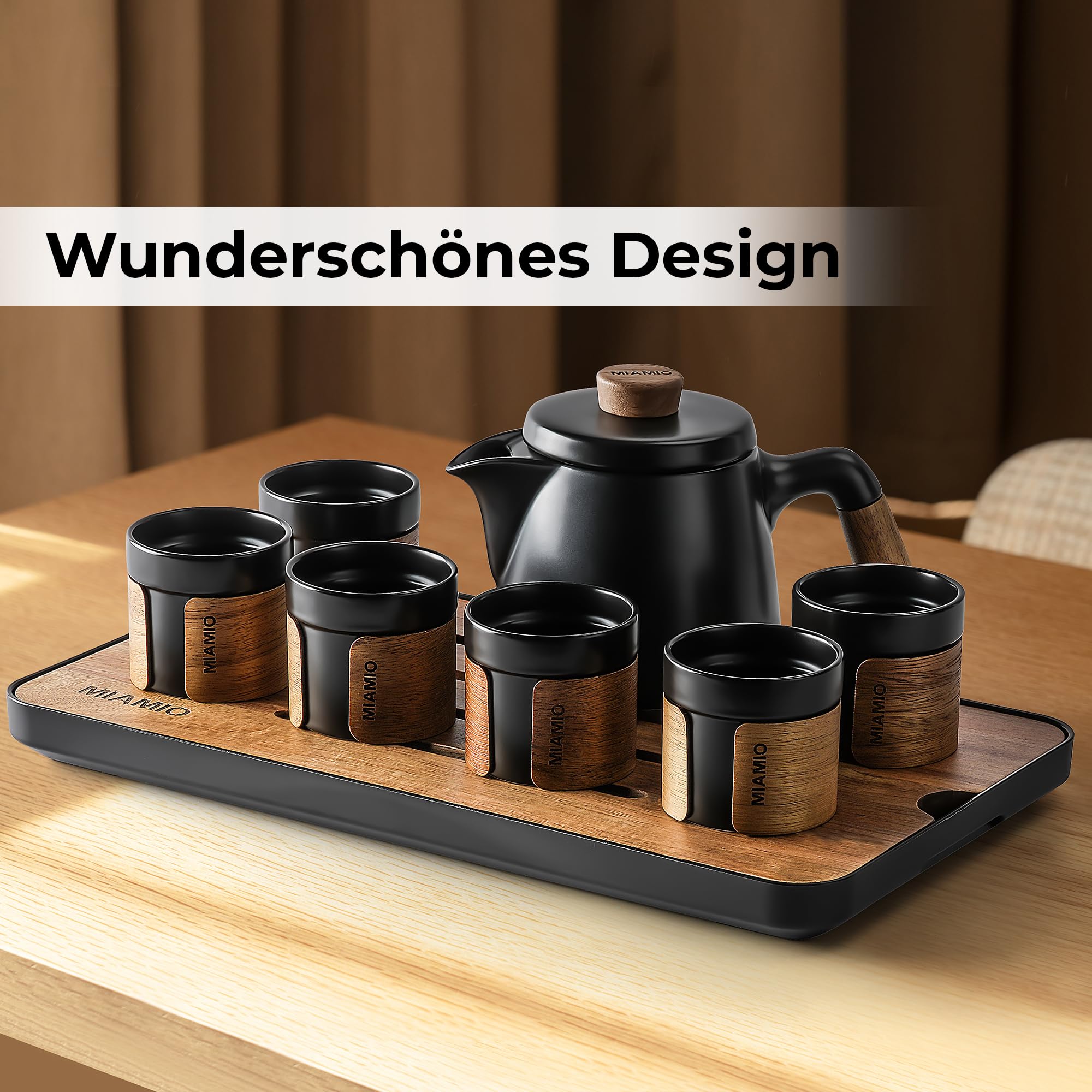 MIAMIO - Japanisches/Chinesisches Tee Set 6 x 100 ml/Asiatische Teekanne 620 ml mit Teesieb, Traditionelles Japanisches Teekanne Set für Teeliebhaber/Männer/Frauen (Schwarz)