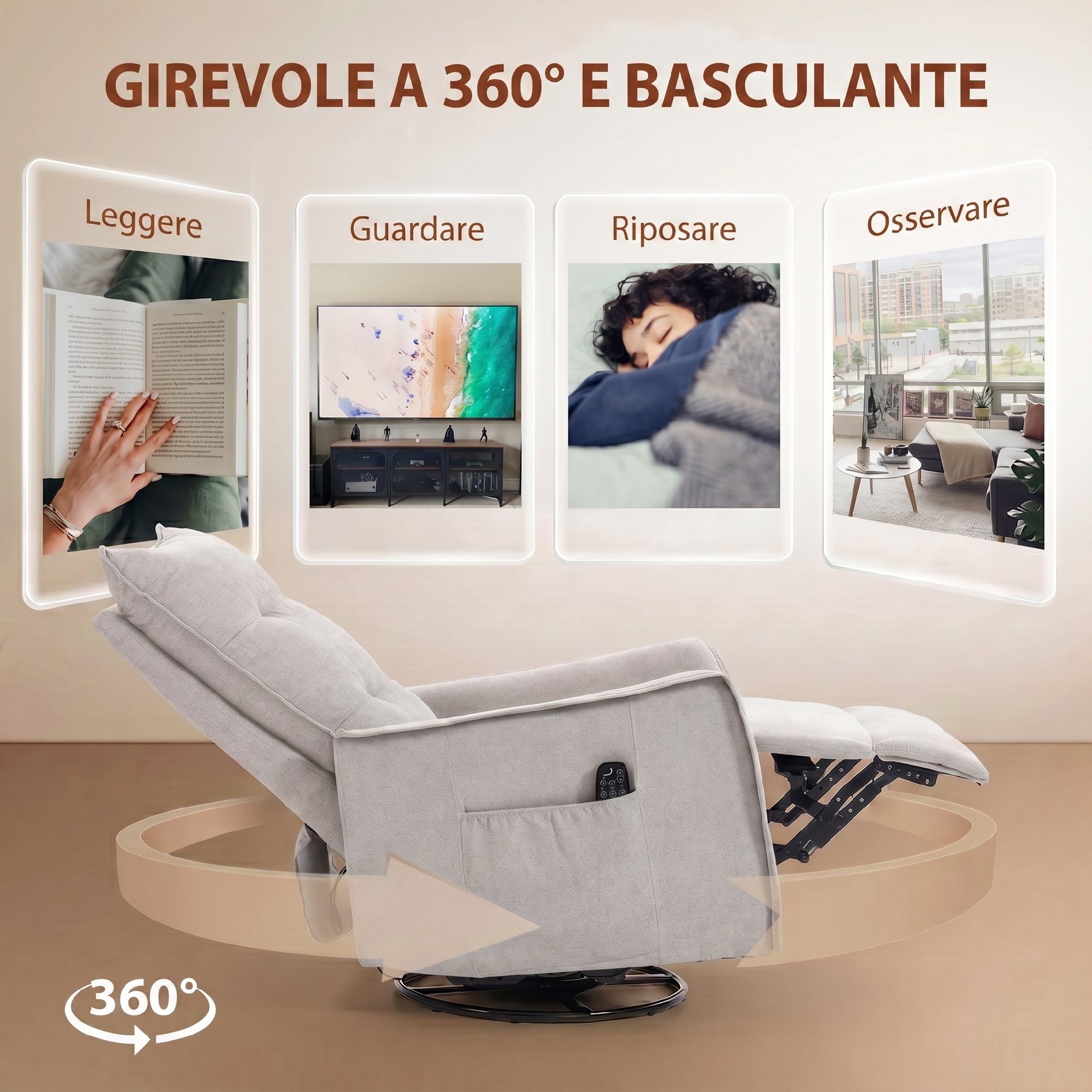 HOMCOM Poltrona Massaggiante Reclinabile Manuale 155° Riscaldante, 8 Punti di Massaggio, Poltrona Relax Girevole in Ciniglia, Funzione Dondolo, Poggiapiedi, Telecomando, Tasche Laterali, Grigio Chiaro