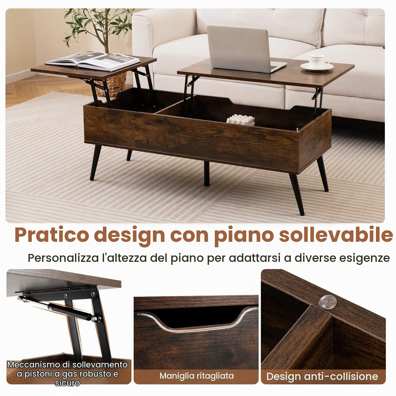 LIFEZEAL Tavolino da Salotto Sollevabile, Tavolino Basso da Caffè, da Soggiorno, Moderno, Salvaspazio, in Legno, con Piano Elevabile, Gambe in Metallo, Contenitore, 2 Scomparti, 110,5x48x40cm, Marrone