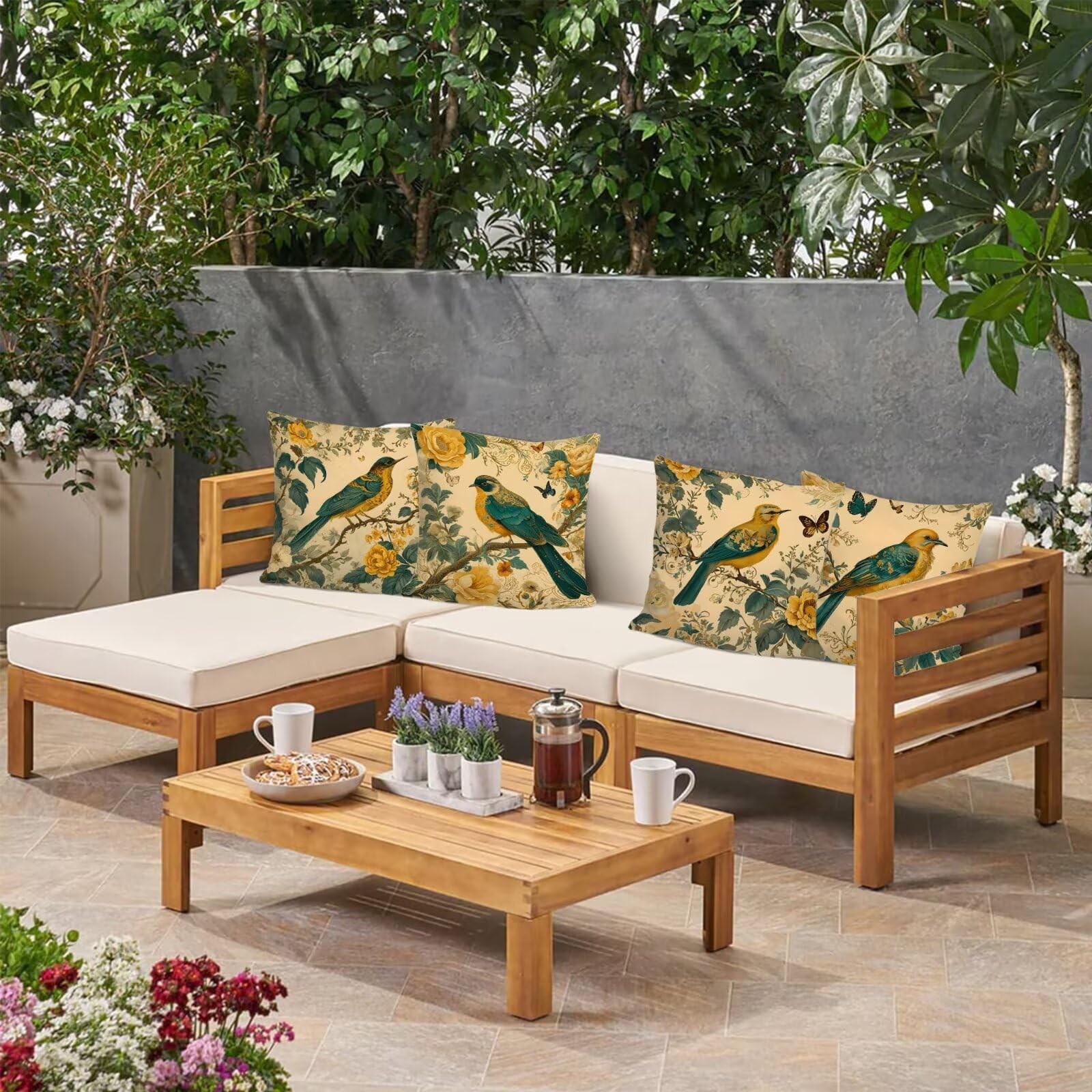 Federe per Cuscini Esterni Impermeabili Lino65 x 65 cm Set di 4, Doppio lato Quadrata Traspirante Cuscini Uccello retrò Primavera Estate Copricuscini, per Soggiorno Giardino Decorazione Regali I-s244