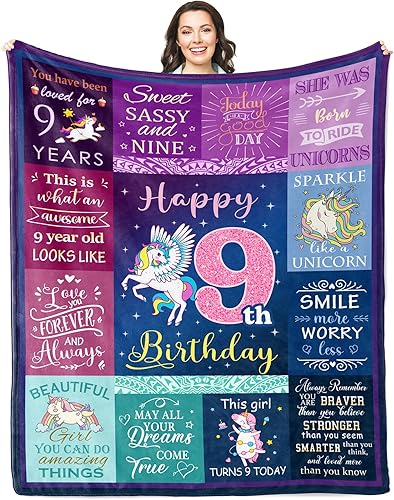 Solzien Manta de regalo de cumpleaños para niña de 9 años, 60 x 50 pulgadas, regalos para niñas de 9 años, decoraciones de cumpleaños número 9