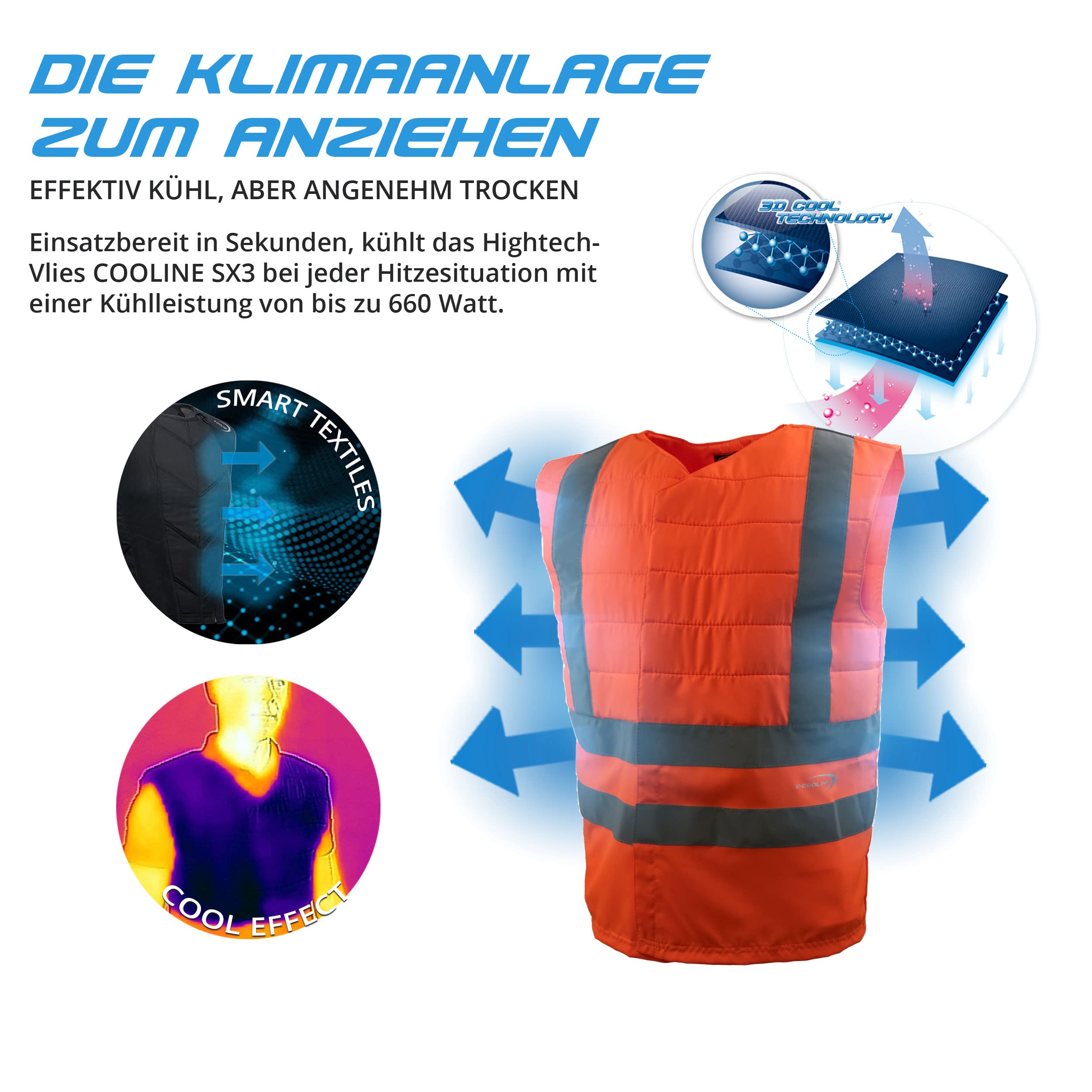E.COOLINE PowerSignal SX3 Signalweste - atmungsaktive Warnweste - Klimaanlage zum Anziehen - klimatisierte Kleidung - Körperkühlung - waschbar - Made in Germany