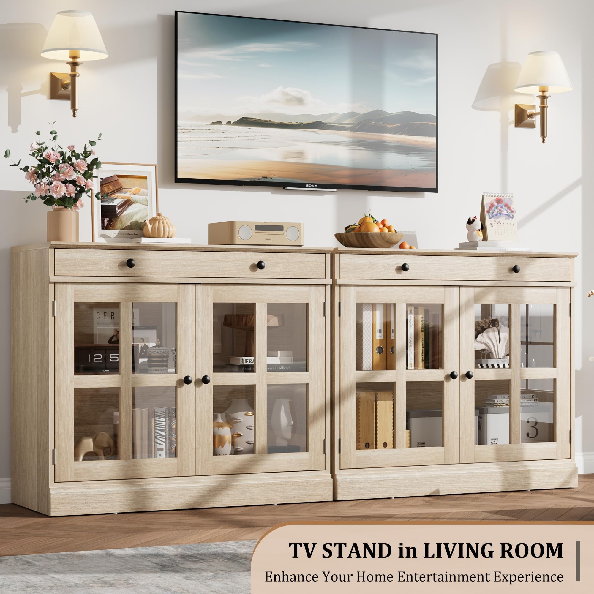 Garvee Modernes Sideboard mit 2 Glastüren und großer Schublade – Buffet- und Flurschrank mit verstellbarem Regal, vielseitig als Küchen- oder Kaffeebar-Kommode, Aufbewahrungsschrank – Holzdekor Washed