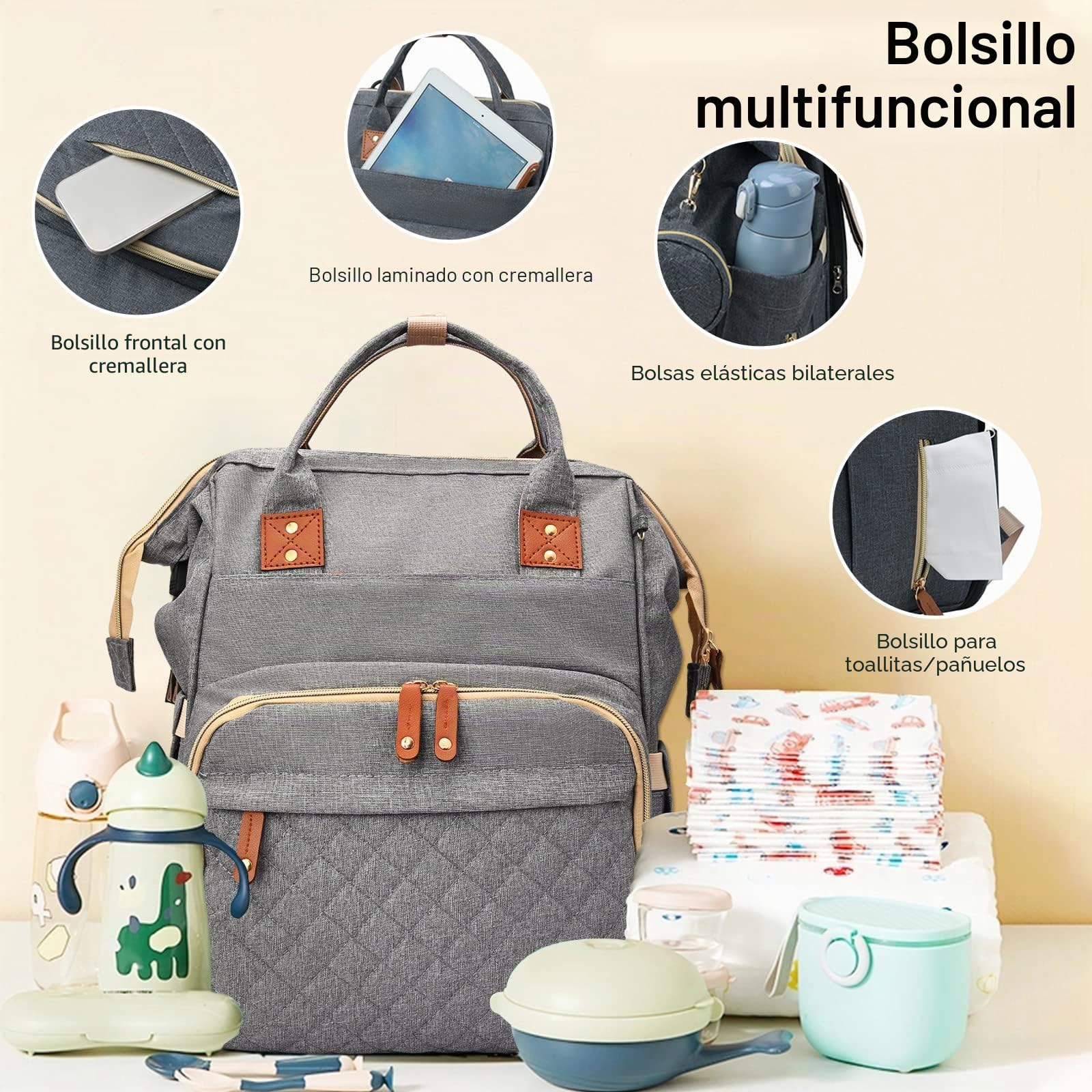 Bolso del Bebé Mamá Multifuncional, Mochila Cambiador de Bebé con Cuna Plegable, Mochila de Pañales con Puerto de Carga USB, Bolsa de Pañales de Tela Oxford Impermeable de Gran Capacidad para Bebé