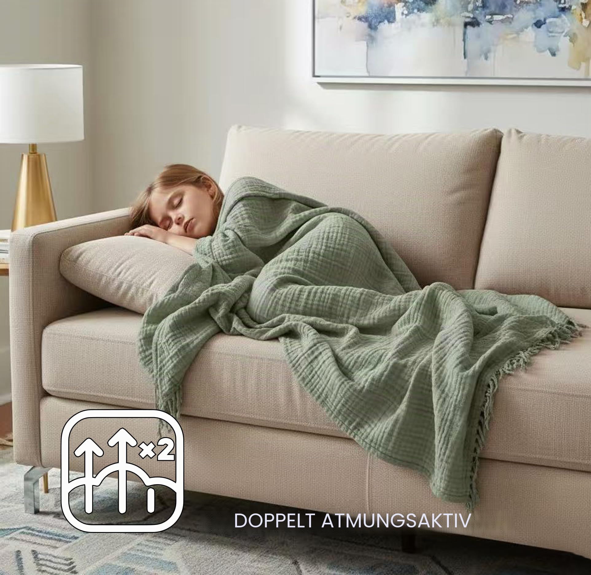 KyraHome Überwurfdecke aus 100% Bio-Musselin-Baumwolle für Couch, Männer, Frauen, Sofa, 4 Schichten, gemütlich, leichte Decke für alle Jahreszeiten (152.4x203.2 cm Altersgrün)