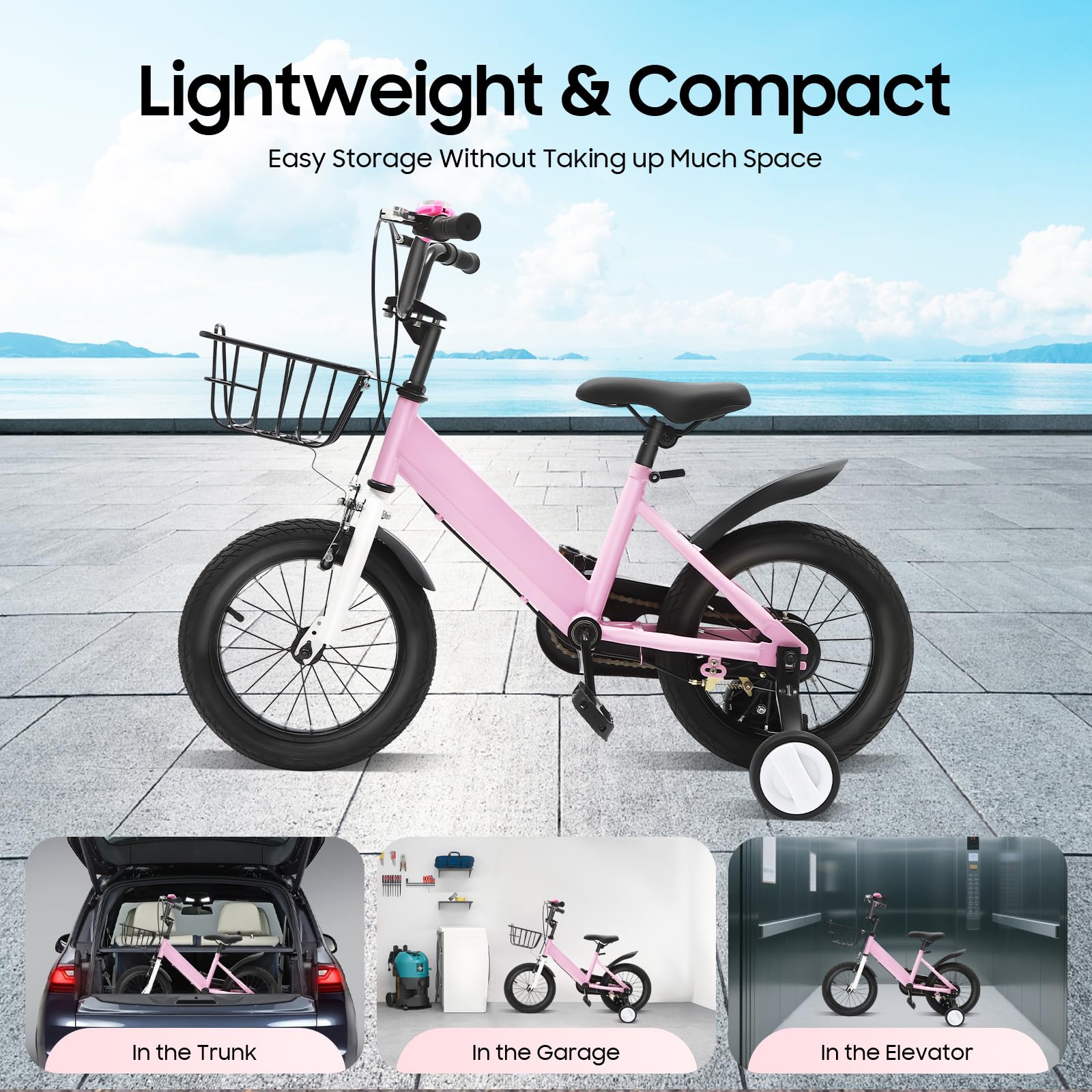 Bicicleta infantil de 14 pulgadas, con ruedines, cesta y borlas para el manillar en color rosa, para niñas y niños a partir de 3-5 años, manillar y asiento ajustables en altura, freno delantero
