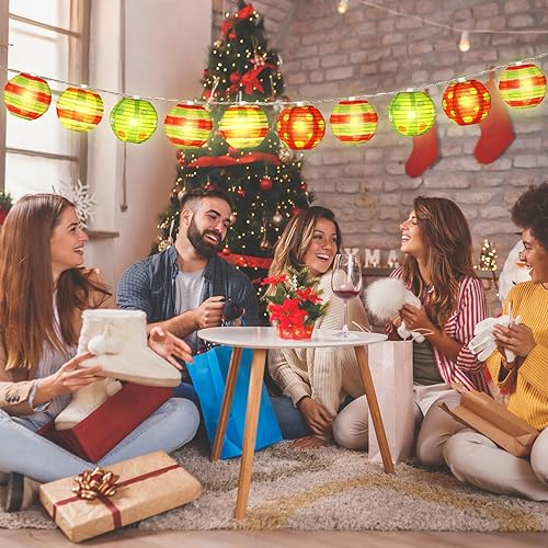 Miniatura 7 de 10 linternas de papel de Navidad, luces LED rojas y verdes, 8.2 pies, adorno colgante de Navidad para decoración del árbol de Navidad, hogar,
