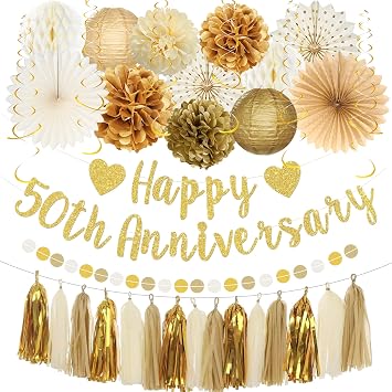 Roetyce 50th Anniversary Decorations, Gold Glitter Happy 50th Anniversary Banner Photo Background for Women Men, Cheers to 50 Years Backdrop Pompoms Paper Fans Party Supplies Dad Mom