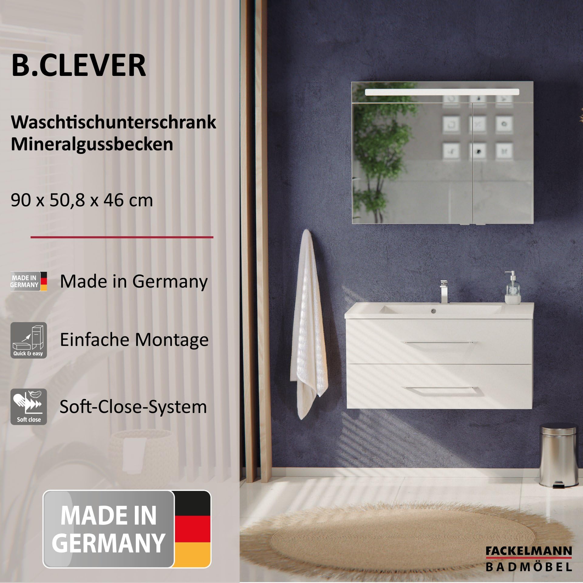 FACKELMANN Waschtischunterschrank inkl. Gussbecken B.CLEVER/Badschrank mit Soft-Close-System/Maße (B x H x T): ca. 90 x 48,5 x 46 cm/Möbel fürs WC oder Badezimmer/Schrank: Weiß/Becken: Weiß