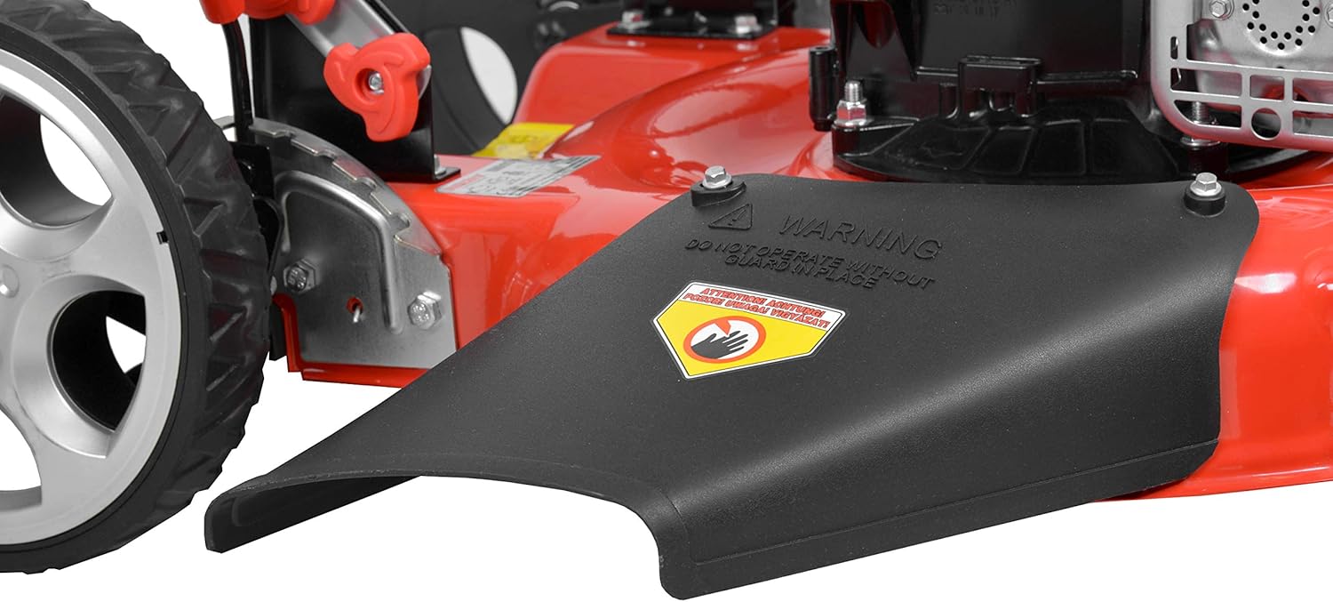 Close-up of lawn mower engine and cutting deck with side discharge