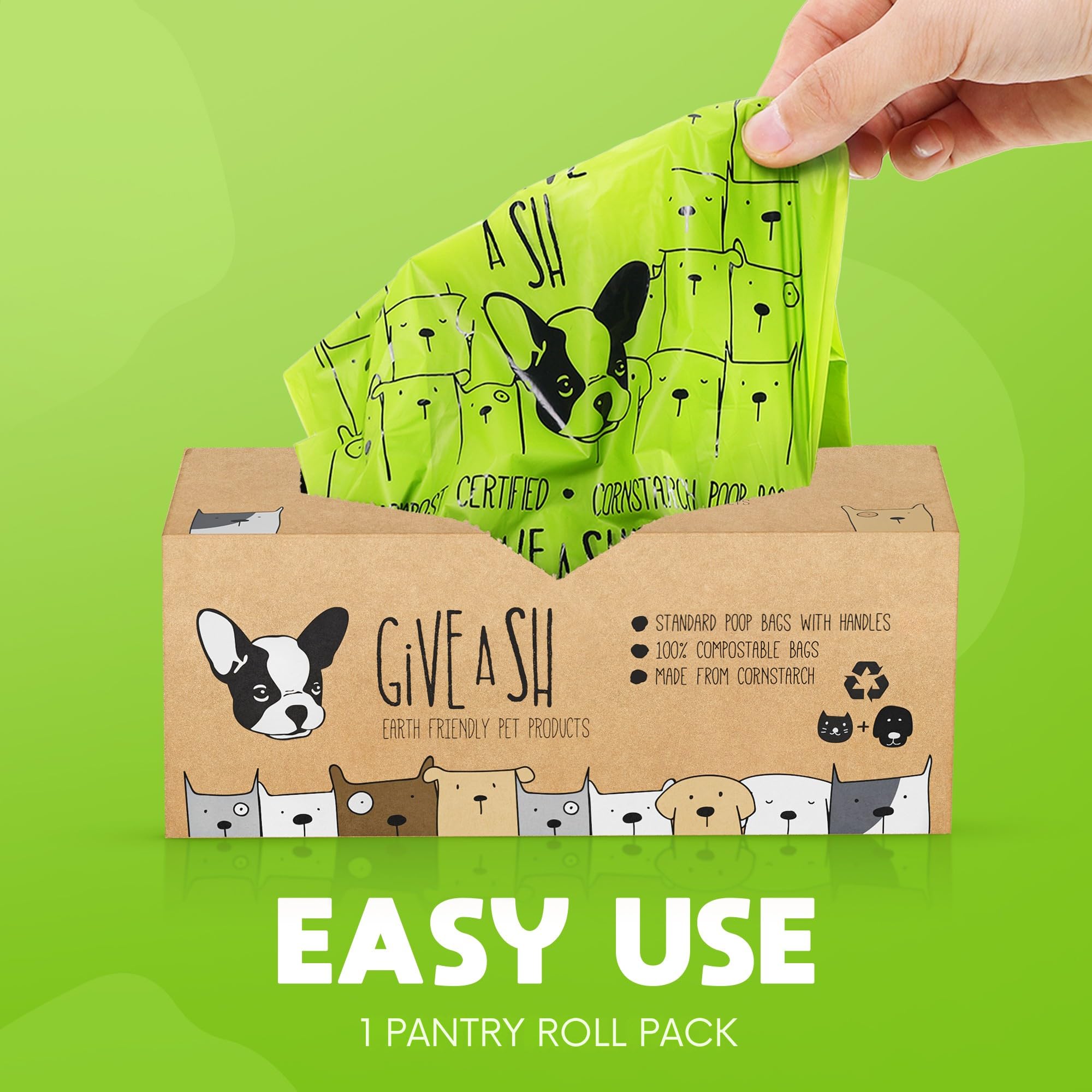 Bolsas compostables para excrementos de perro 100% certificadas para el hogar con asas – 10% a la caridad – Bolsas grandes para excrementos de perro compatibles con ASTM D6400 y EN 13432 – 240 bolsas