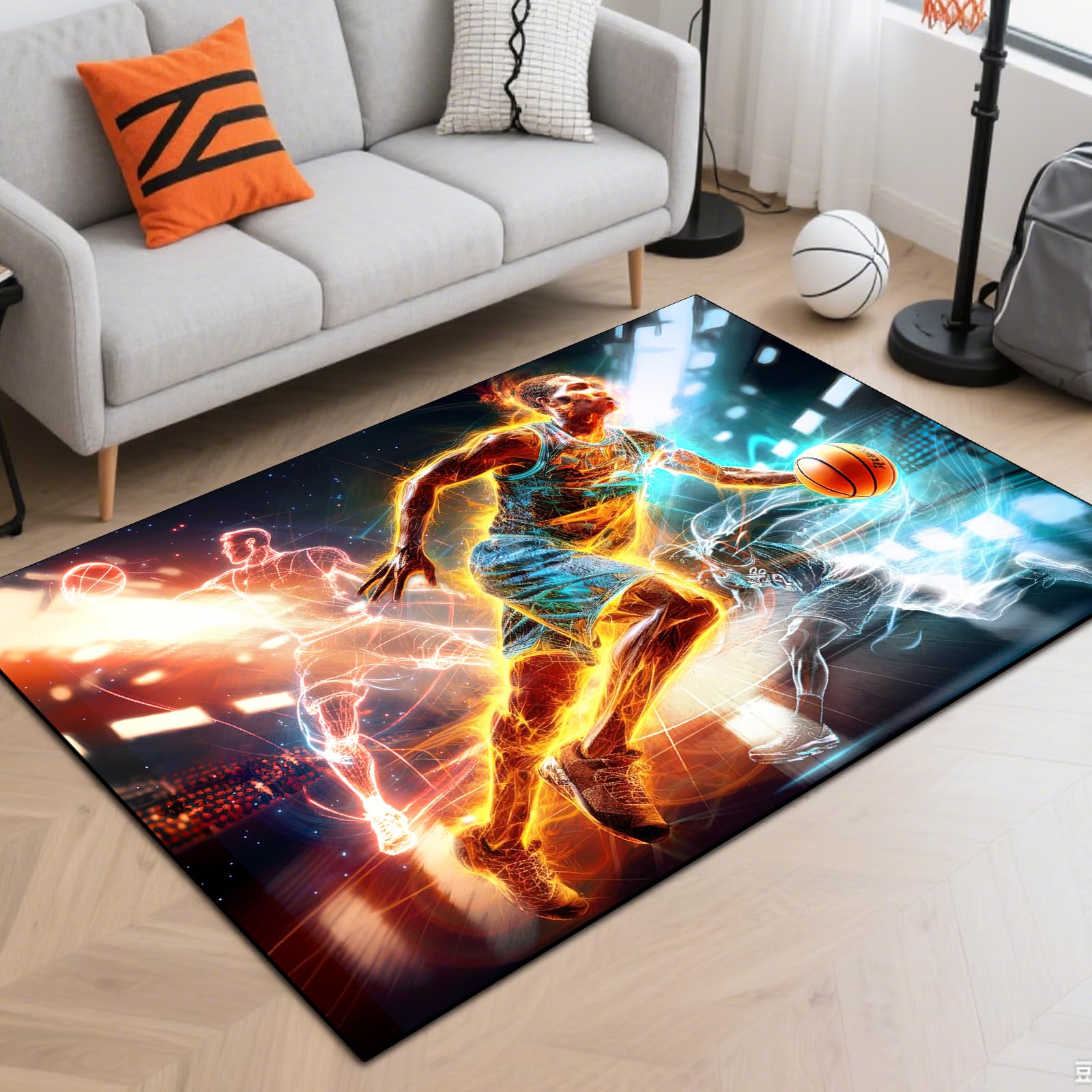 Washable Game Area Rug, Sports Ball Design Gaming Teen Carpet Rug Doormat, Non-Slip Low-Pile Floor Carpet for Computer Bedroom Indoor Front Entrance