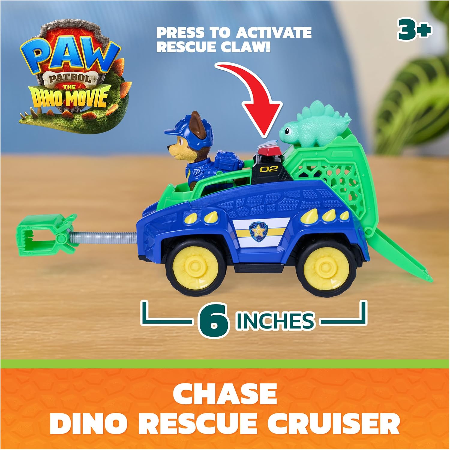 PAW Patrol The Dino Movie Chase Dino Rescue Cruiser Toy Car Vehicle | Spring Loaded Front Rescue Claw, 2 Collectible Movie Action Figures, Toy Car, Kids Toys for Boys & Girls Ages 3+