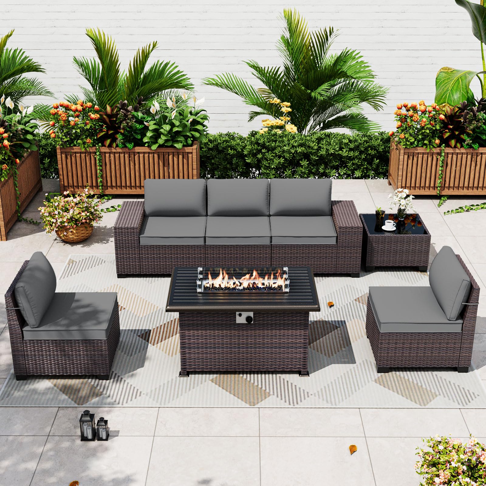ALAULM 7 Pieces Patio Furniture Set with Fire Pit Table 55000BTU, Oversized Seat/Armrest and High Back Wicker Conversation Set with Thick Cushion for