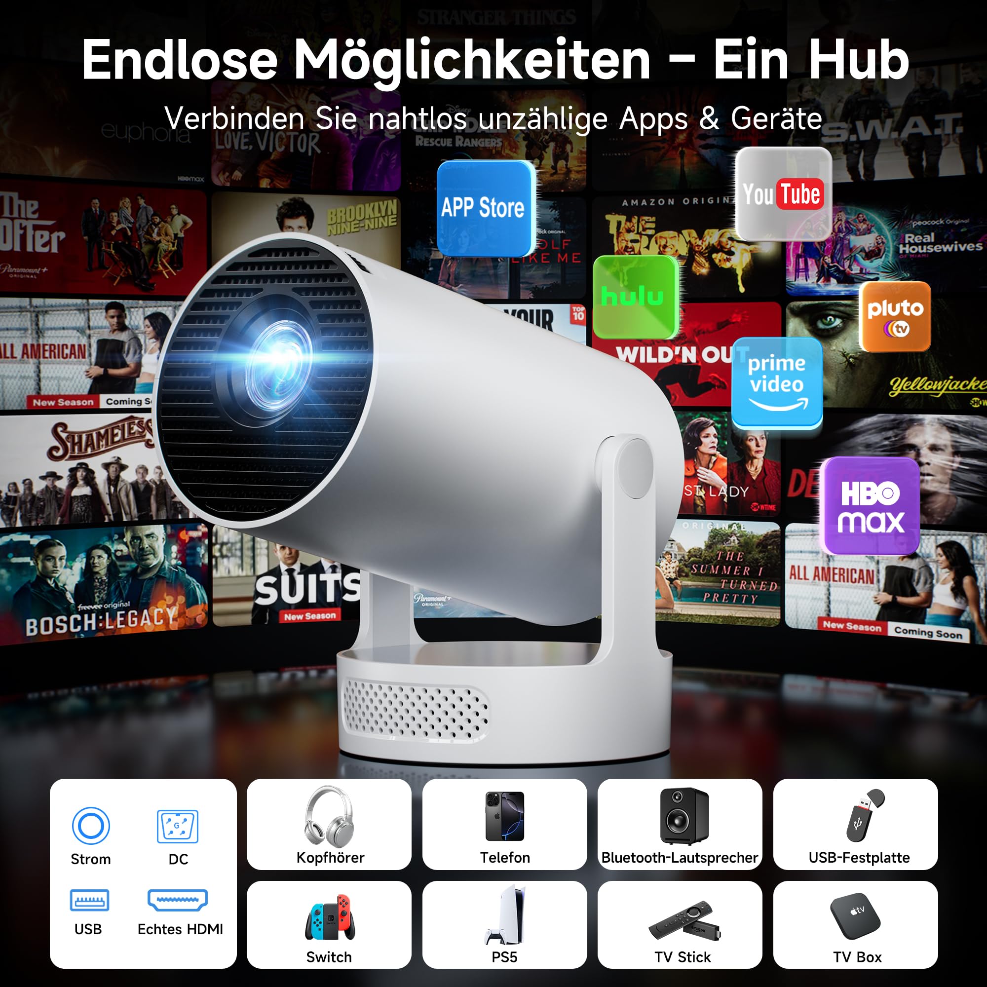 Mini Beamer, Philoent Smart Projektor 4K/1080P Unterstützt Neueste Apps WiFi 6 Bluetooth 5.4 Auto Screen Trapezkorrektur Niedriges Rauschen, Ultrakurzdistanzbeamer bietet großes Bild im kleinen Raum