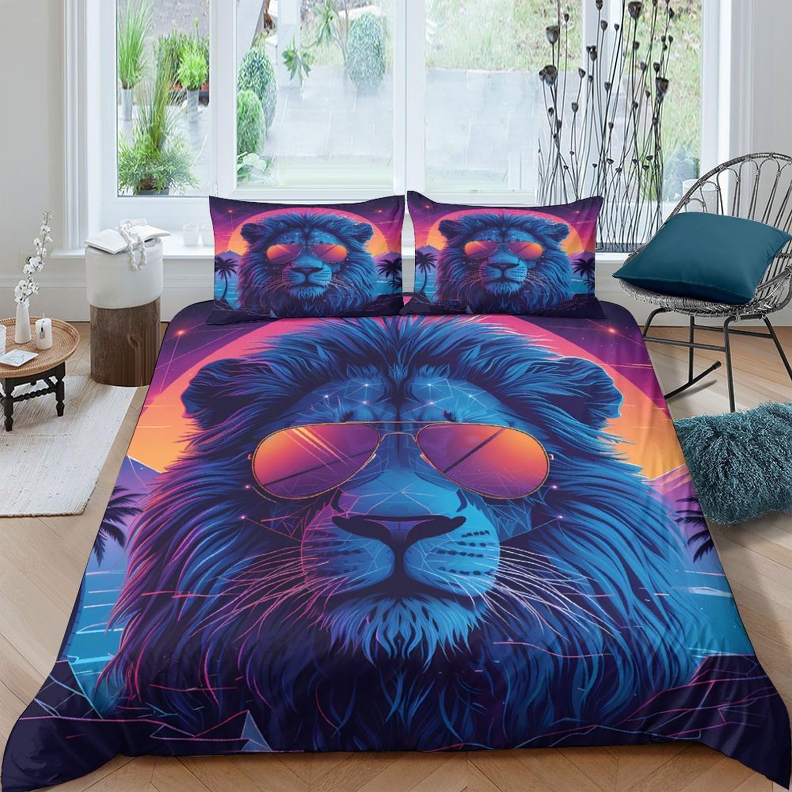 Ctjqhvkz Style-2 3D Printed Neon Lion Fitted Sheet Microfiber Soft Breathable Sunset Sunglasses Mattress Cover For Bedroom Dorm Decor Single（135X200cm）
