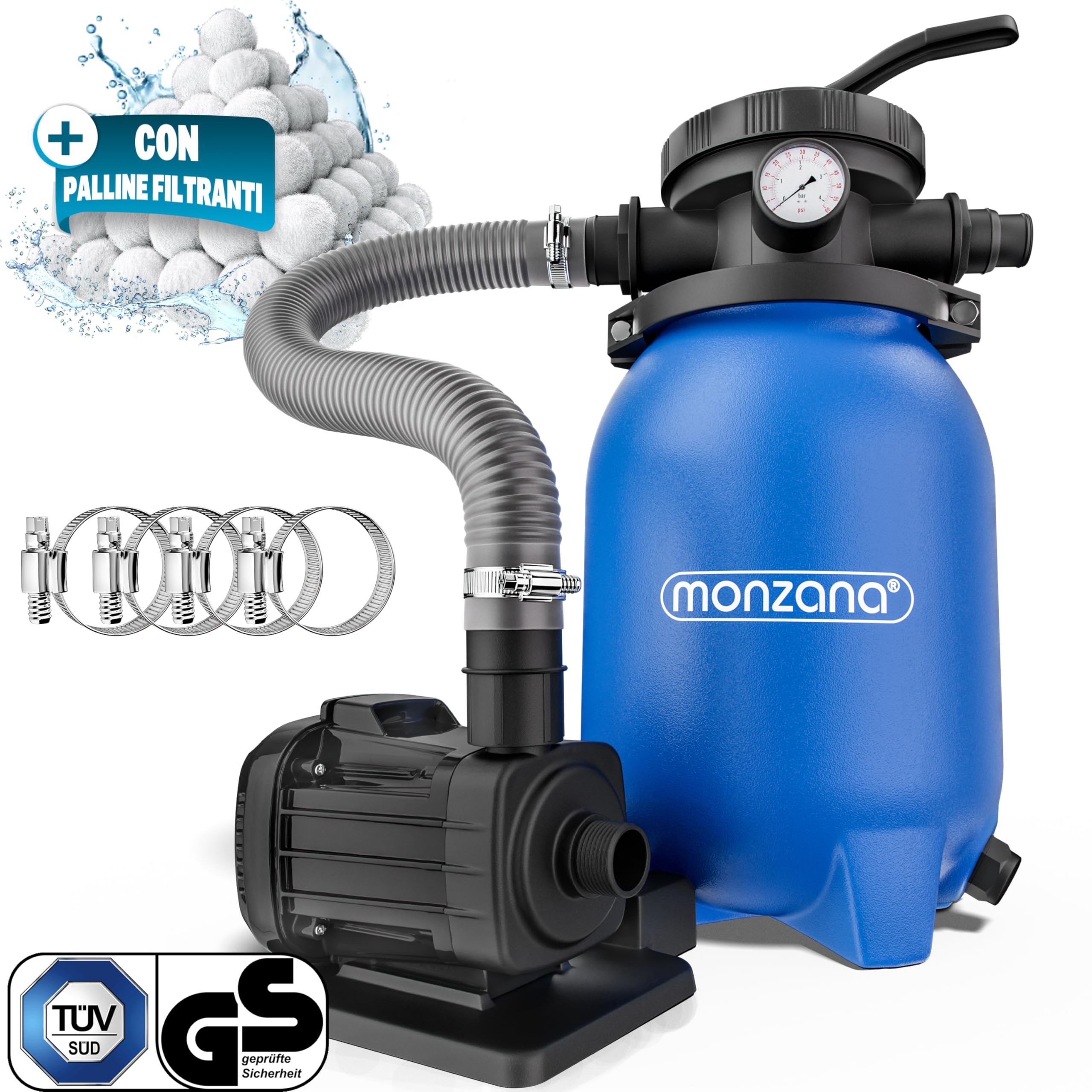 MONZANA® Filtro per Piscina MZPP180 5000 l/h fino a 15.000L incl. Palline Filtranti Valvola 7 Vie Adattatore 2in1 Ø32-38mm 180W Filtraggio per Piscina