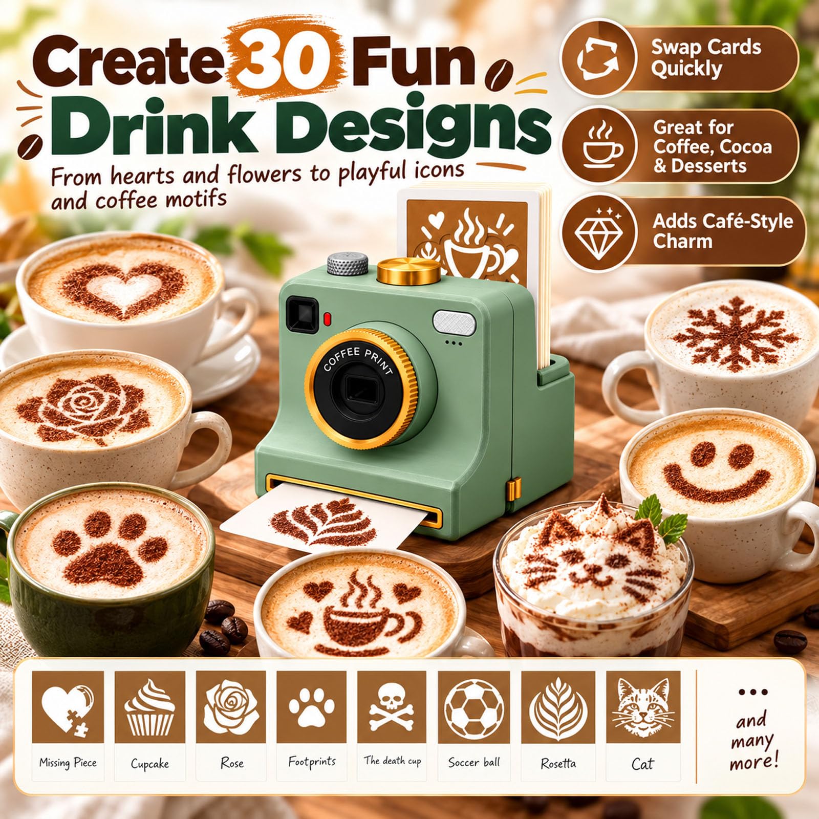 3D Latte Art Camera，Coffee Art Stencils (Black)