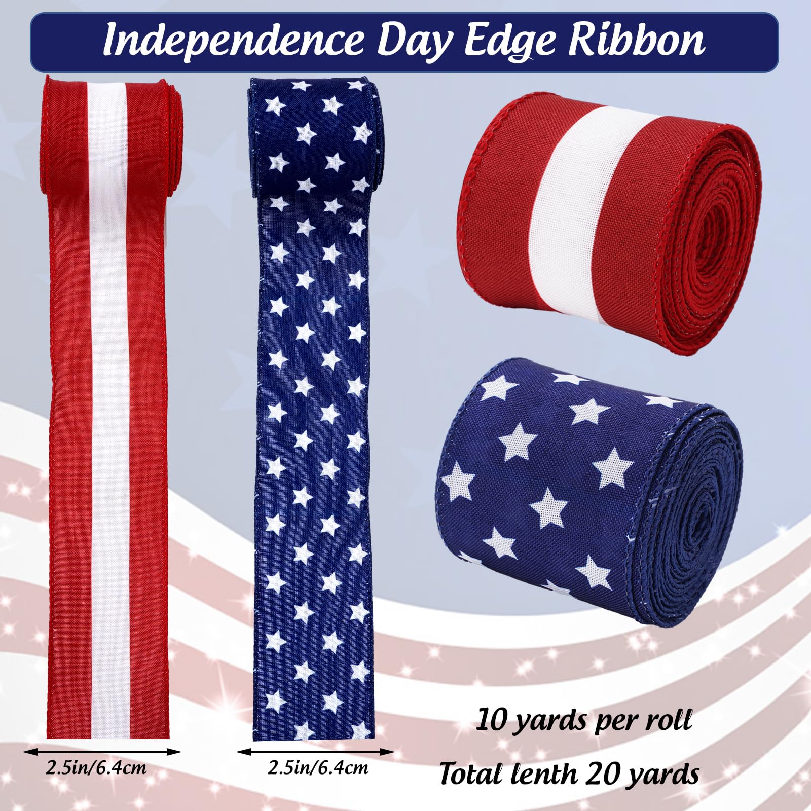 Generic AnyDesign Patriotic Wired Edge Ribbon Star Stripes Craft Ribbon 4th of July Fabric Ribbon for Independence Day Wreath Bow Making DIY Wrapping Party Decor Supplies, 2 Rolls, 20 Yard