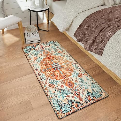 Miniatura 37 de Lahome Alfombra bohemia con medallón floral de 3 x 5 pies, suave, impresa, para baño, cocina, entrada, vestíbulo, vintage, antideslizante, lavable