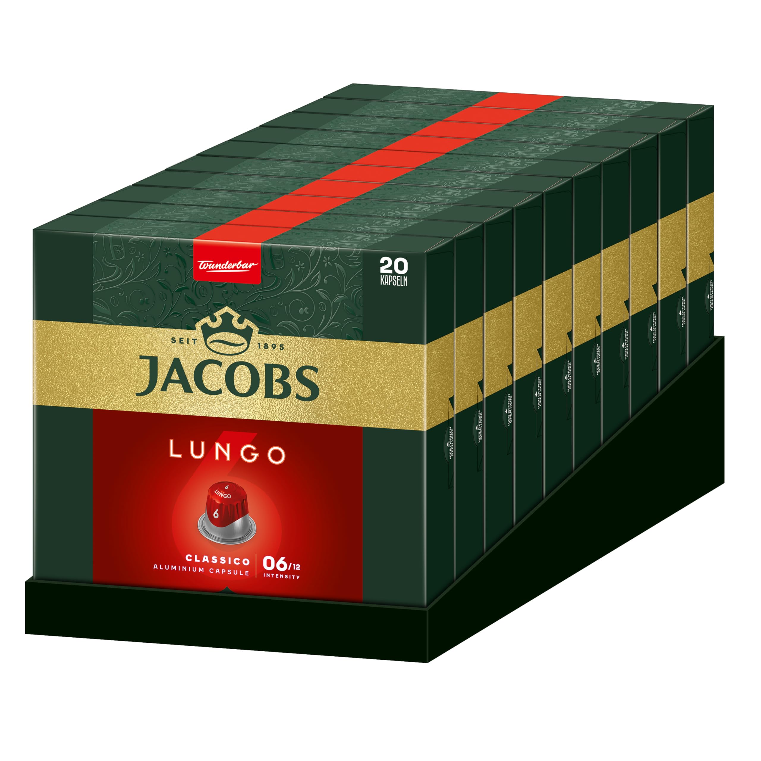 Jacobs Kaffeekapseln Lungo Classico, Intensität 6/12, 10 x 20 Getränke, Nespresso* kompatible Kaffee Kapseln, 200 Kapseln