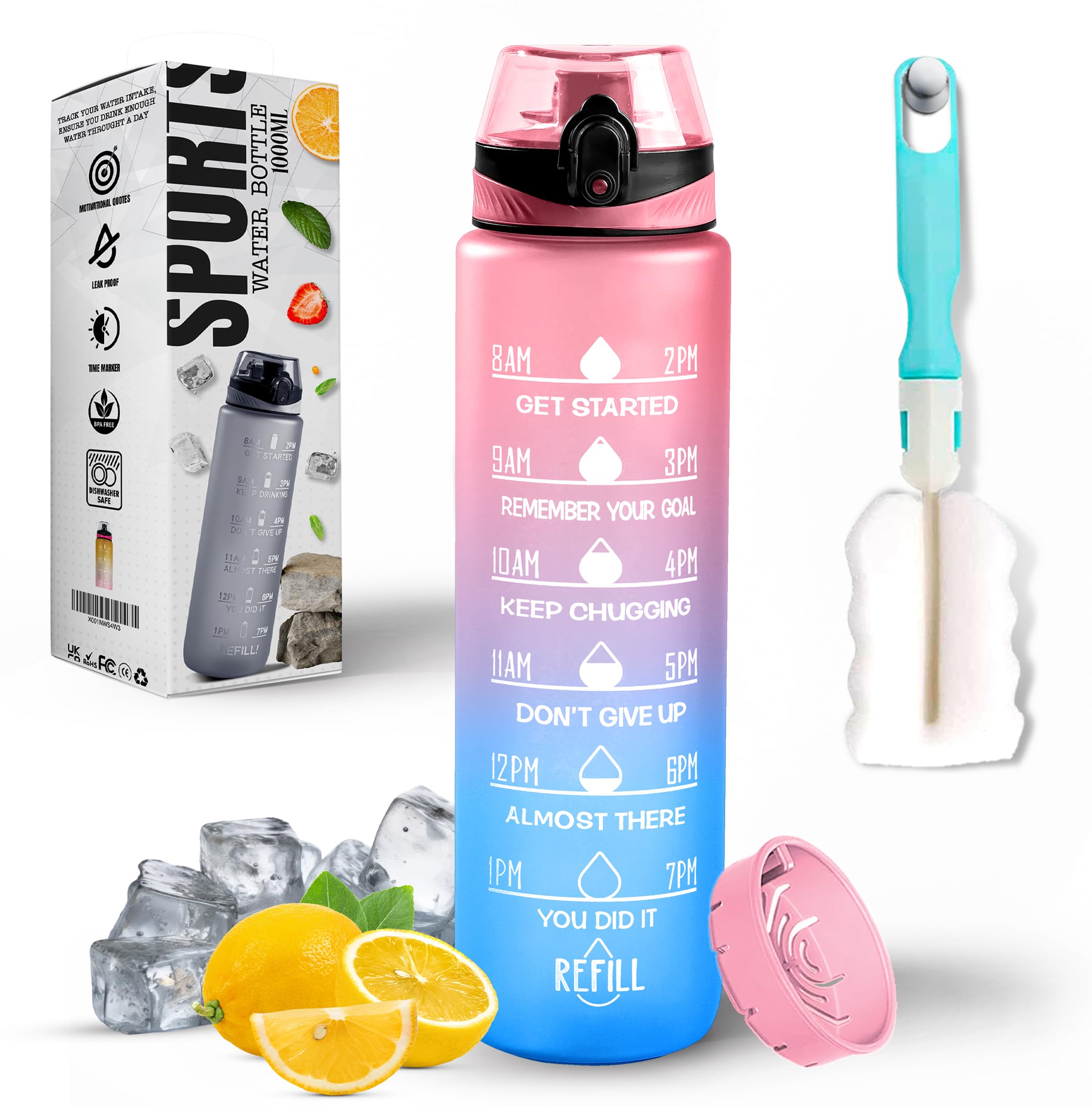 K-MART Water Bottle 1L, Sports Water Bottle with Time Markings, BPA-Free, Leak-Proof Drinks Bottle, Perfect for Running, Cycling, Gym, Yoga, Camping and Outdoor Activities, Pink-blue