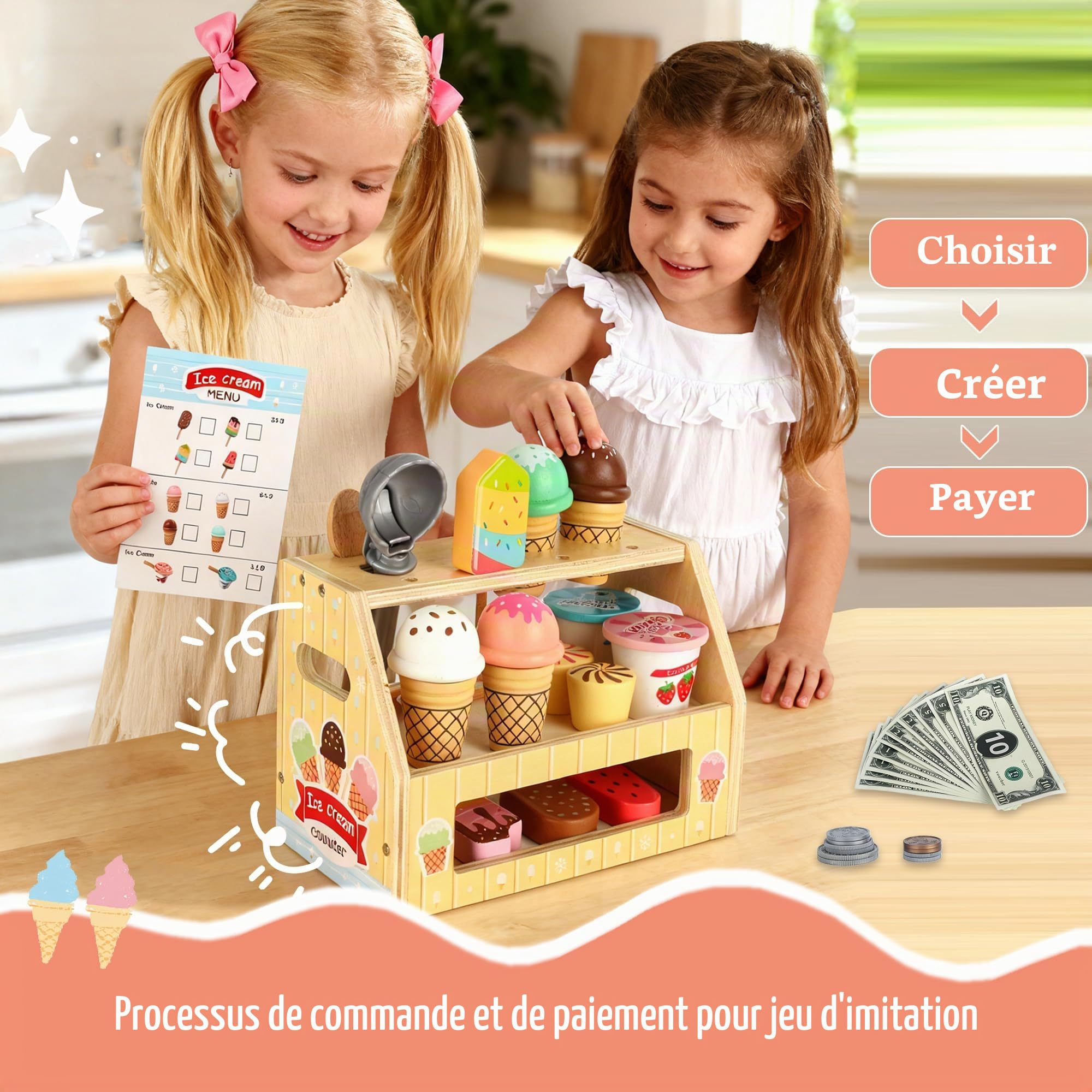 Glacier en Bois pour Enfant avec Comptoir de Glace, Jouet à Crème Glacée Marchande Enfants, Glaciere Jouet de Cuisine Montessori, Jouet en Bois Éducatif pour Jeu de Rôle à Partir de 3 Ans