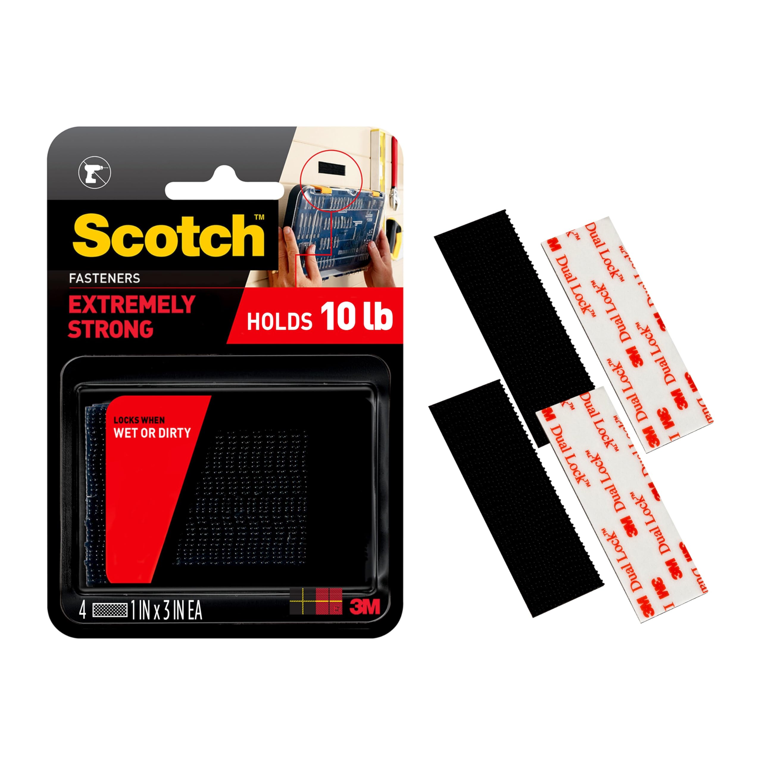 Scotch Extreme Interlocking Fasteners, 4 Strips, 1" x 3", Delivers Powerful Bond on Contact, Weather, Dirt & UV Resistant, 1 Set Holds 2 lbs., Designed with Reclosable Dual-Lock Technology (RF6731)