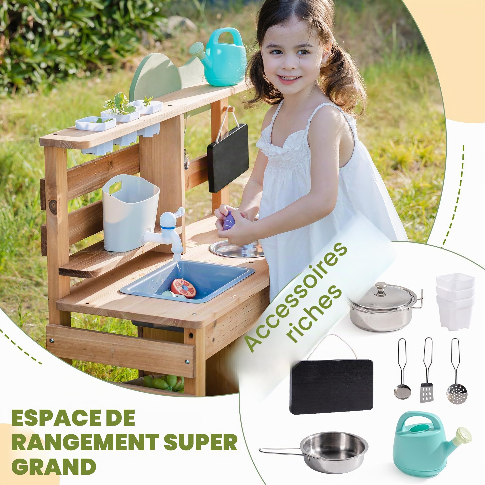 ROBUD Cuisine de boue pour enfants, cuisine de jeu en bois d'extérieur avec véritable robinet, évier amovible, bouilloire, tasse de plantation, four, tableau noir, jouet de cuisine de jardin pour