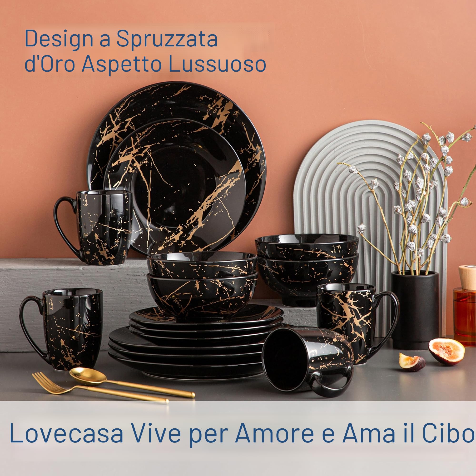 LOVECASA Servizio da tavola in porcellana, serie Daphne, SWEET 16 pezzi, set di stoviglie con design a schizzi d'oro, piatti piani, piatti da dessert, ciotole per cereali e tazze da caffè per