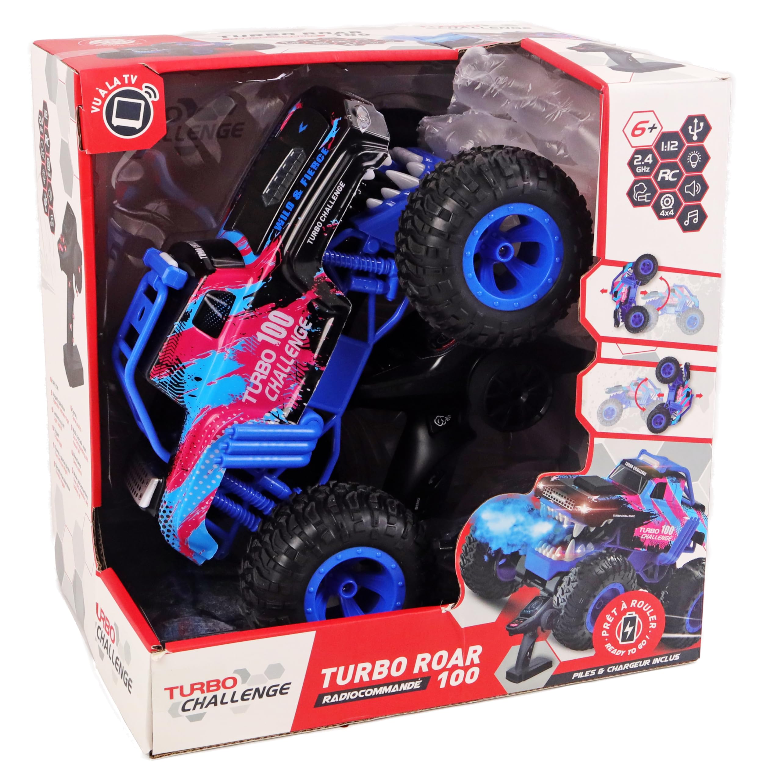 TURBO CHALLENGE - Turbo Roar 100 - Cascade - 1/12-095360 - Voiture Télécommandée - Bleu - Prêt à Rouler - Option Fumée - Batterie Rechargeable et Piles incluses - Plastique - À Partir de 6 Ans
