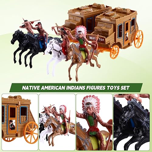 Miniatura 5 de Juego de 81 piezas de figuras de vaqueros del salvaje oeste y figuras indias nativas americanas, mini figura de acción de plástico, juego de