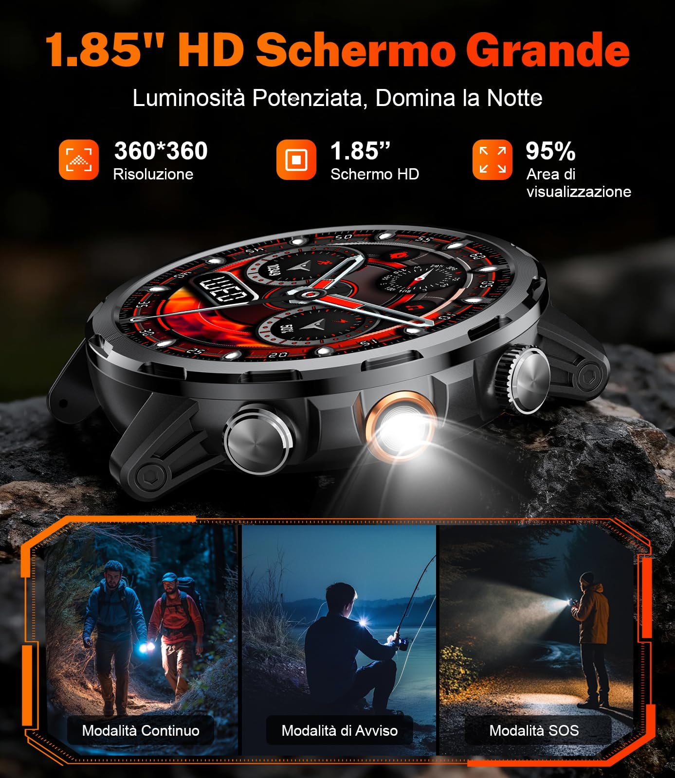 LIGE 1000mAh Smartwatch Uomo Militare, 1.85'' Orologio Smart Watch con Chiamata Bluetooth,100+ Modalità Sportive,Torcia LED Orologio Fitness,Sonno/Cardiofrequenzimetro,IP68 Orologio,Android iOS,Nero