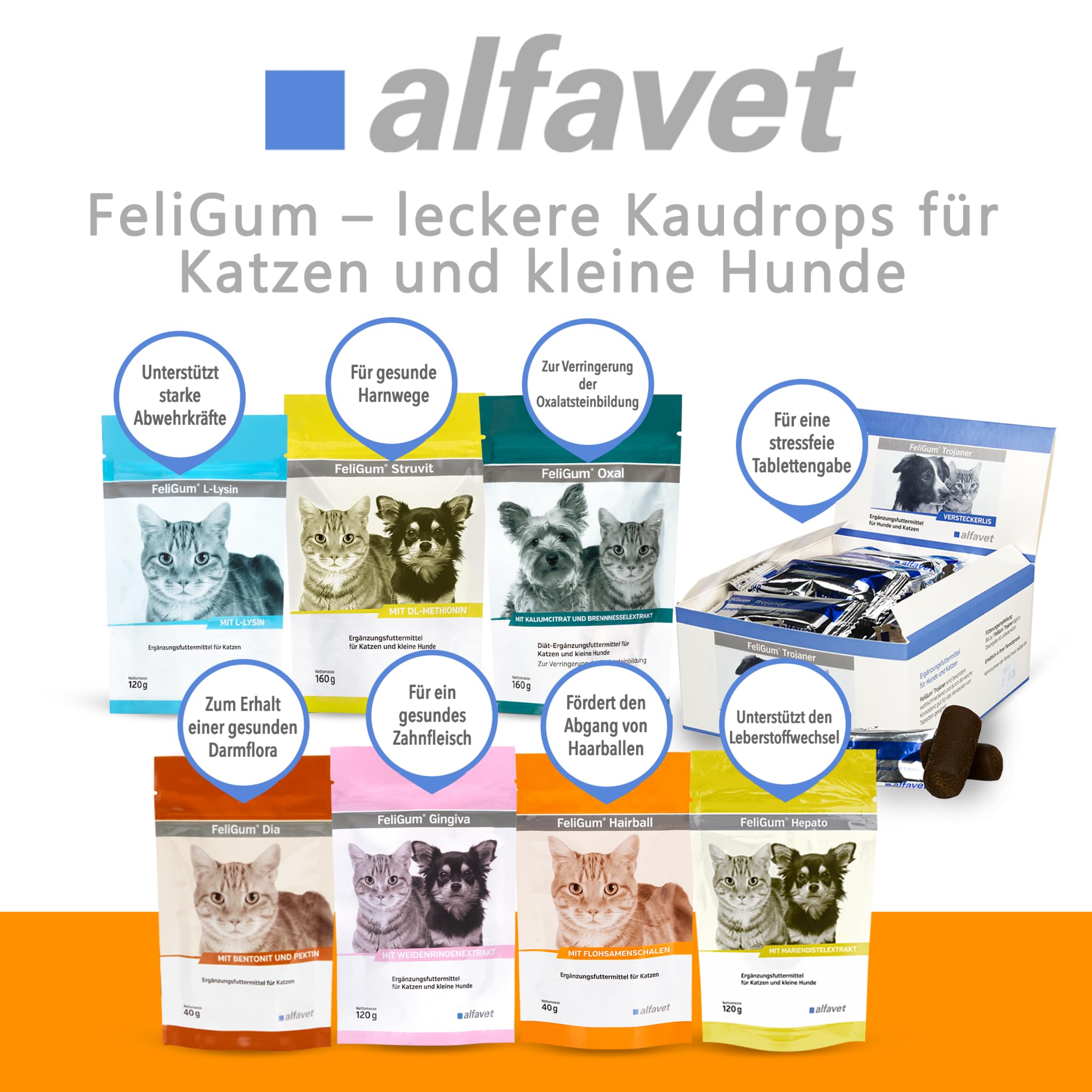 Alfavet FeliGum Hairball - Lot de 3 paquets de 40 g - Complément alimentaire pour chat - Aide à lutter contre la formation de boules de poils - Gouttes à mâcher très savoureuses et douces