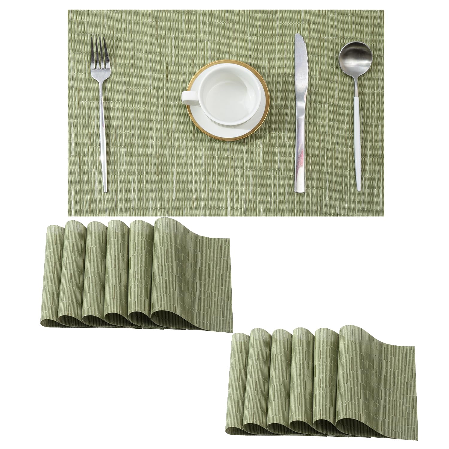 Leetaltree Pea Green Placemats Set of 12 - Heat Resistant Non-Slip Place mats for Dining Table, Washable Durable PVC Vinyl Woven Table Mats(Pea Green, 12) — image 1