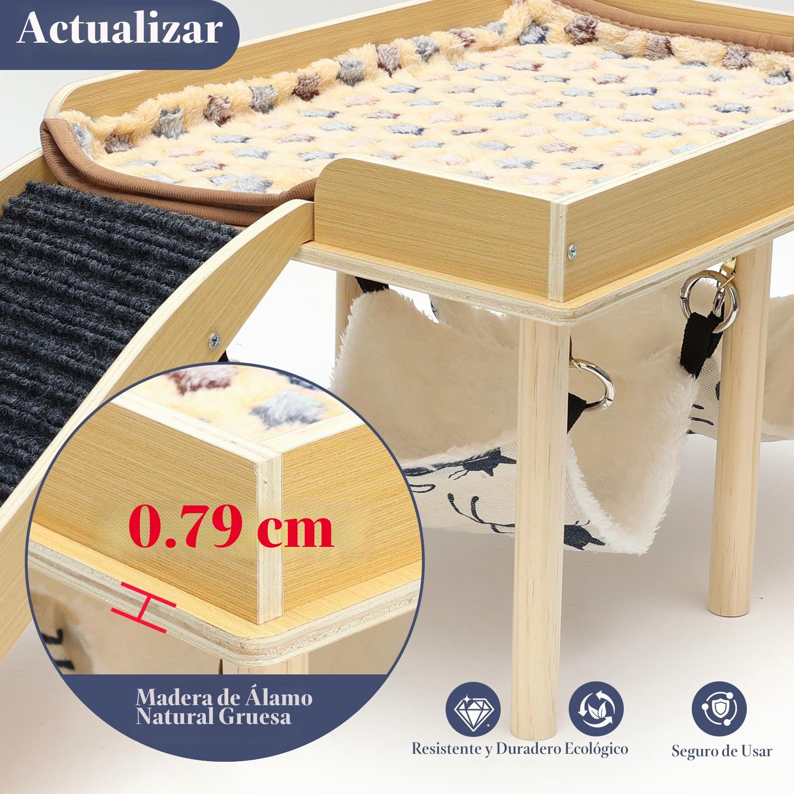 Casa para Cobaya con 2 Rampa y Hamaca, Juguete para Cobayas Accesorios, Hábitats de Animales Pequeños, Madera Casita para Conejo para Jerbos Degus Ratones Espinosos