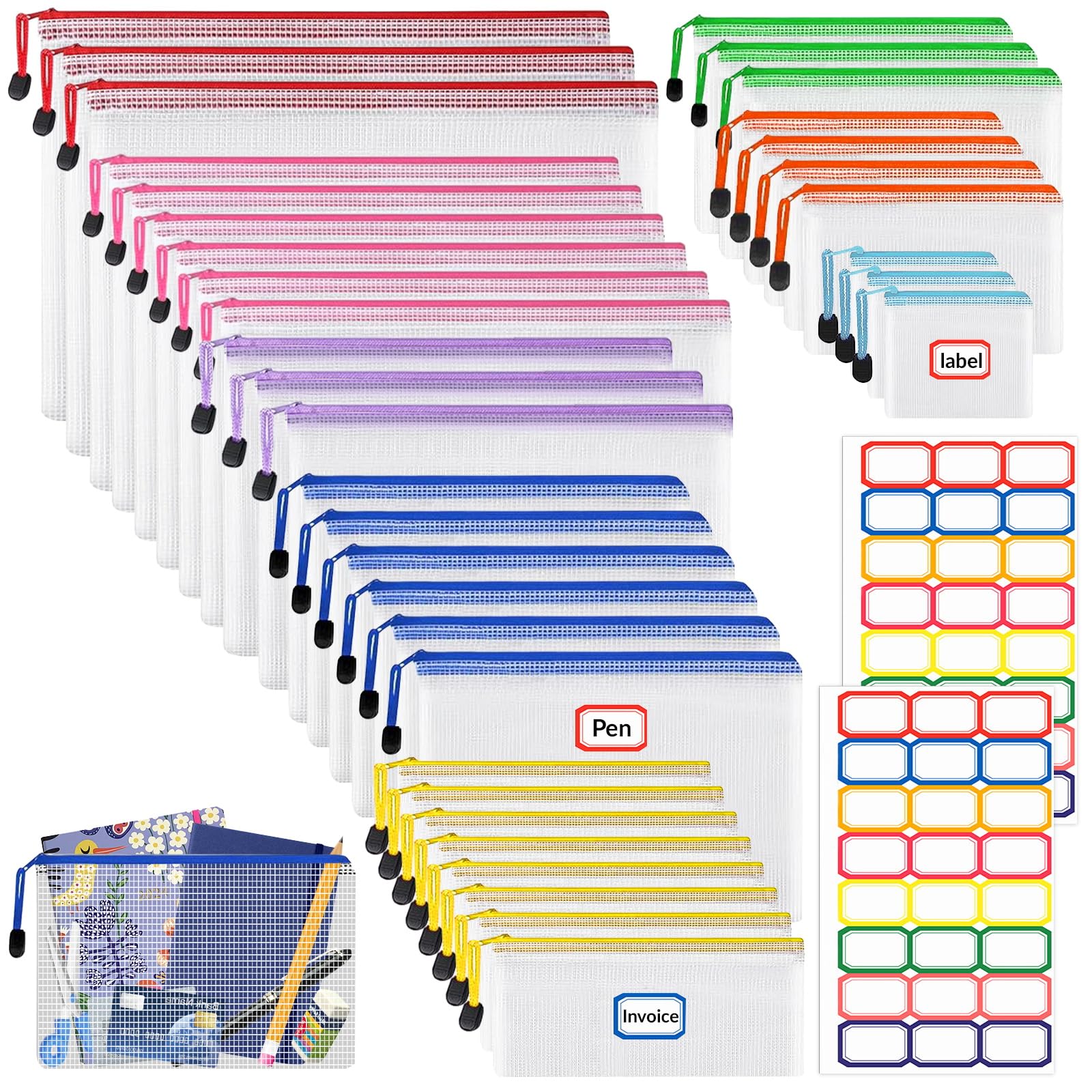 36 bolsas para documentos impermeables con pegatinas, bolsas de malla con cremallera, bolsa de plástico con cremallera para archivos, documentos, escuela, papel, cosméticos (multicolor, 8 tamaños)