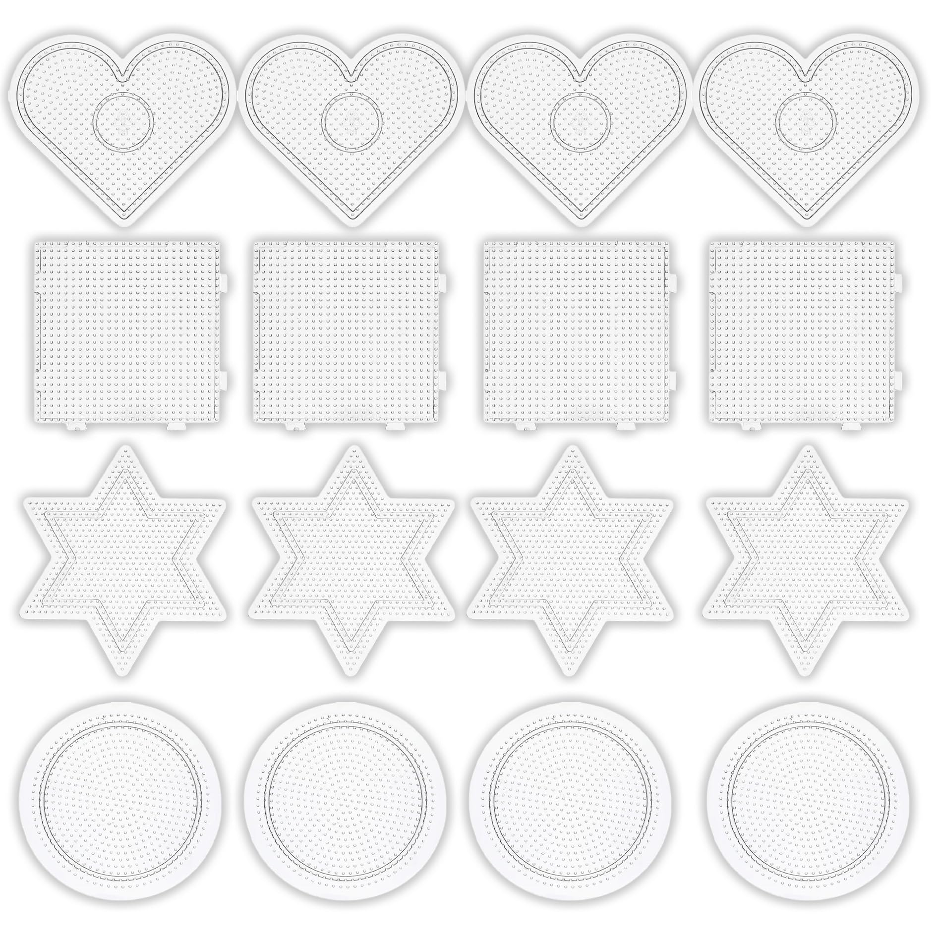 16 PCS Fuse Beads Boards Set, 2.6mm Small Transparent Bead Boards, 4 Pieces Per Style, Cute Clear 4 Shapes Rotundity Circle Heart Pentagram Square Fuse Bead Board