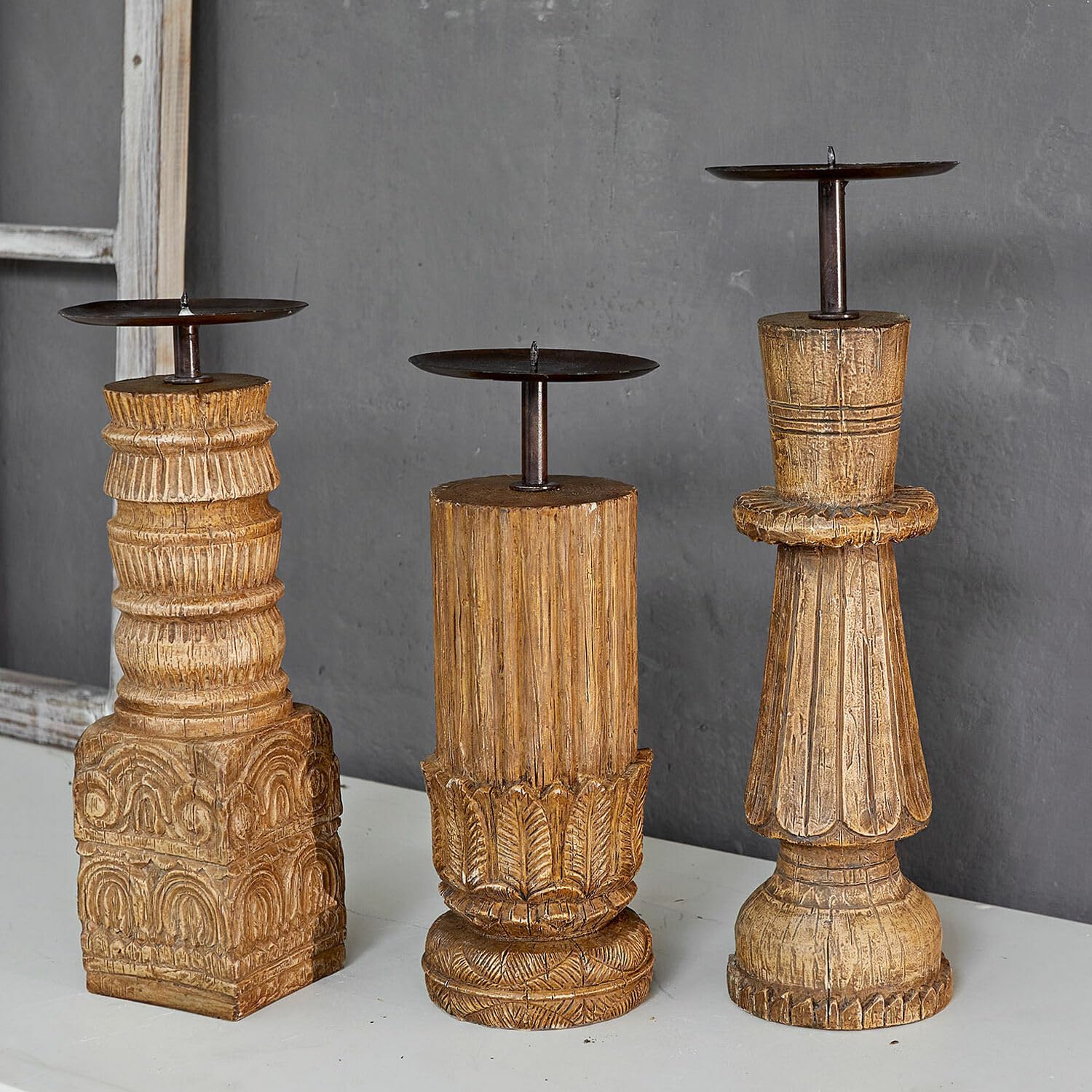 Loberon Kerzenständer 3er Set Zahirah - braun, braun | DREI Designs, Realistische Holz-Optik, Detailreiche Schnitzereien, Kerzenhalter, Dekoration, Polyresin, Eisen
