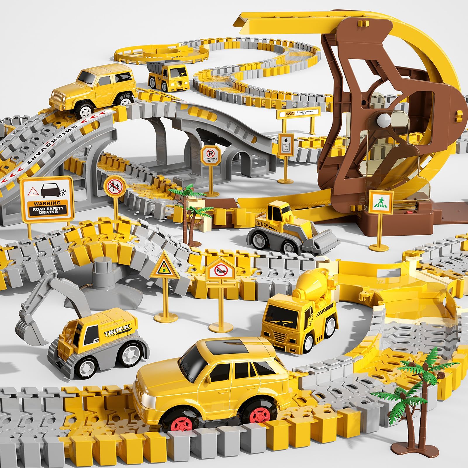 299 PCS Construction Race Tracks Boys Toys, 2 Electric Cars, 4 Engineering Cars and Flexible Race Track Playset Create an Engineering Road Gifts Toys for 3 4 5 6 Year Old Boys Girls Kids